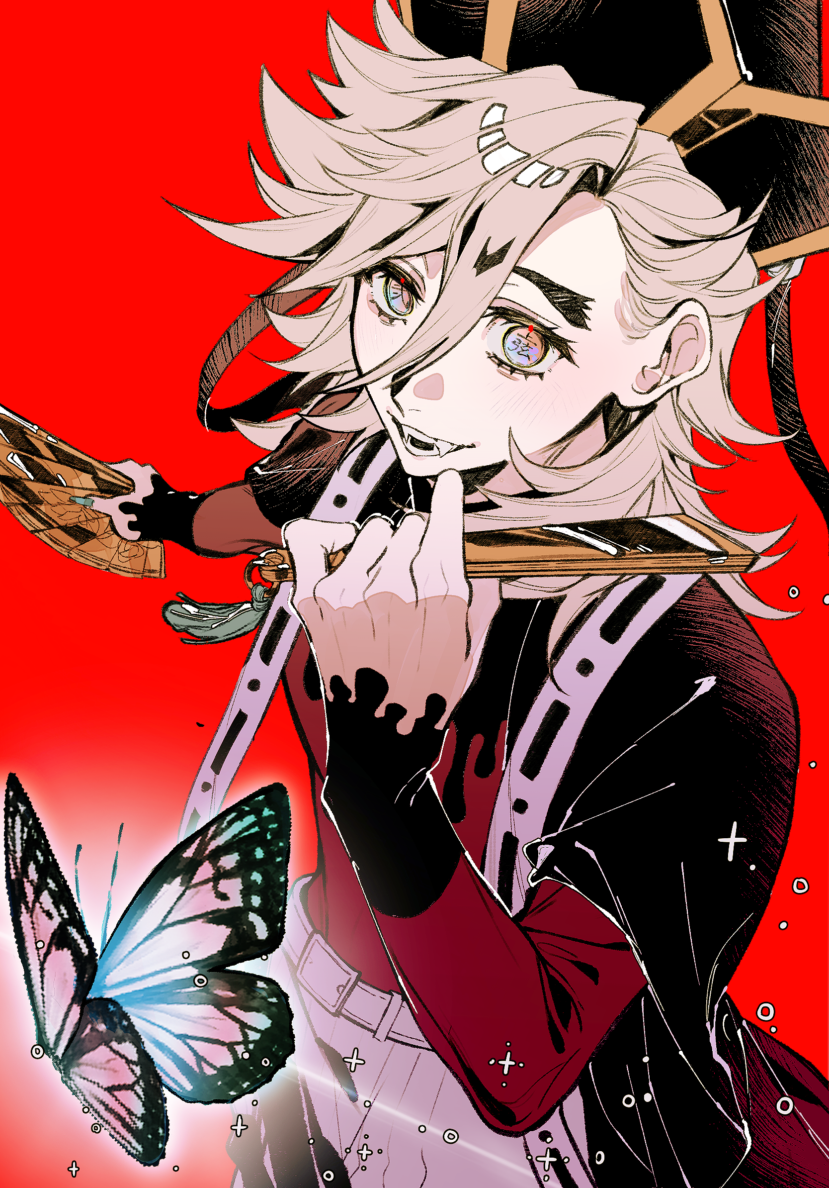 ikaooi1, douma (kimetsu no yaiba), kimetsu no yaiba, highres, 1boy, belt, black hat, blonde hair, blue eyes, bug, butterfly, hair between eyes, hand fan, hand up, hat, holding, holding fan, insect, long hair, long hair between eyes, looking at viewer, male focus, multicolored eyes, pants, pink eyes, red background, red shirt, shirt, simple background, solo, spiked hair, two-tone eyes, white belt, white pants