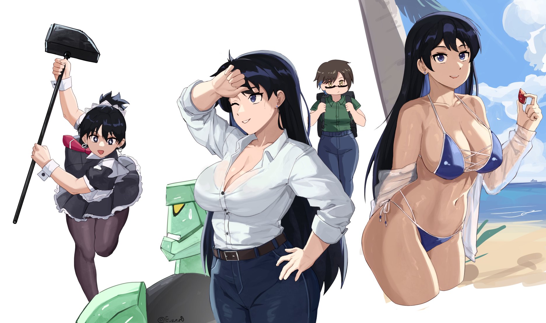 akihitoevon, arato nagi, ruri no houseki, character request, commentary, english commentary, highres, 2girls, alternate costume, beach, bikini, black hair, blue bikini, blue eyes, breasts, large breasts, multiple girls, navel, simple background, smile, swimsuit, thighs, white background