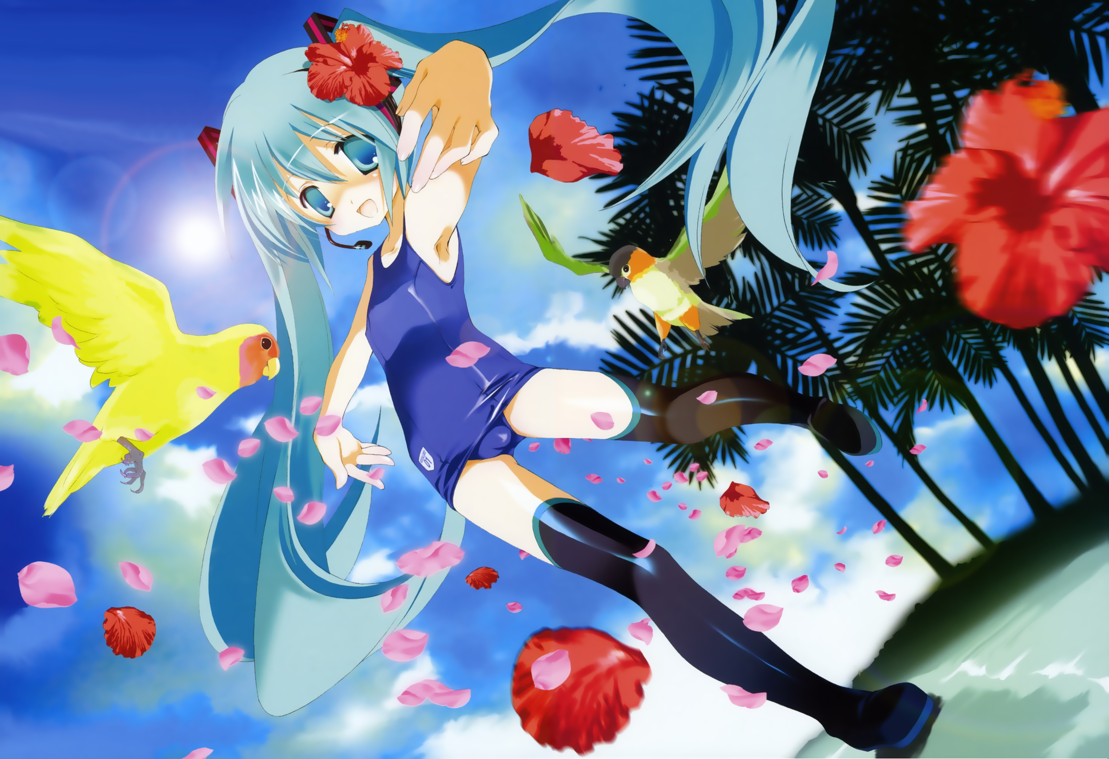 miyashita miki, hatsune miku, vocaloid, highres, non-web source, 1girl, beach, bird, black thighhighs, day, female focus, flower, green eyes, green hair, headset, hibiscus, long hair, matching hair/eyes, one-piece swimsuit, outdoors, palm tree, parrot, petals, school swimsuit, sky, solo, standing, standing on one leg, swimsuit, thighhighs, tree, twintails, very long hair