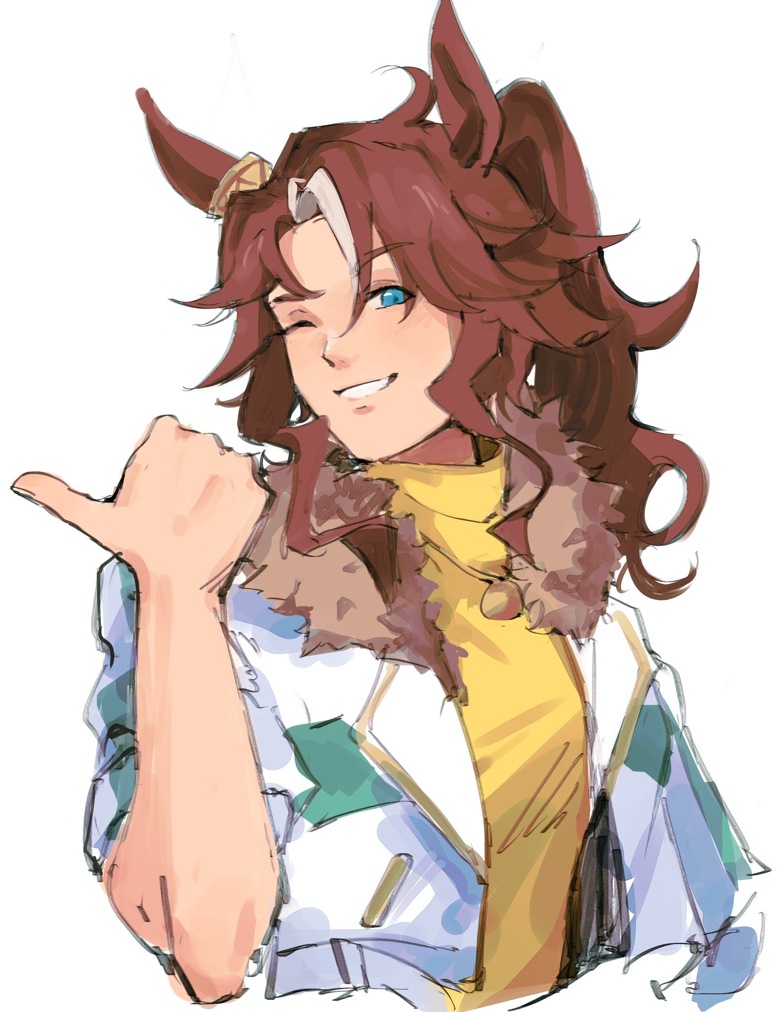 tapeanna, mejiro palmer (line breakthrough) (umamusume), mejiro palmer (umamusume), umamusume, highres, 1girl, animal ears, blue eyes, blue hair, breasts, brown hair, ear ornament, fur-trimmed jacket, fur trim, grin, hair between eyes, horse ears, horse girl, jacket, long hair, looking at viewer, multicolored hair, one eye closed, open mouth, ponytail, shirt, simple background, smile, solo, streaked hair, upper body, white background, white hair, white jacket, yellow shirt