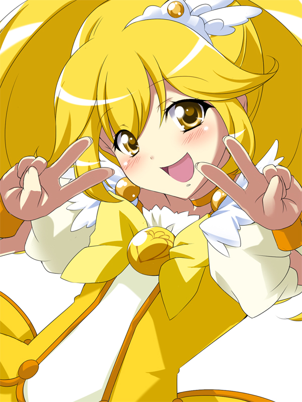 tsukishiro kou, cure peace, precure, smile precure!, commentary, 1girl, :d, blonde hair, bow, choker, double v, fingernails, hair ornament, long hair, looking at viewer, magical girl, open mouth, ponytail, simple background, smile, solo, v, white background, wrist cuffs, yellow bow, yellow choker, yellow eyes