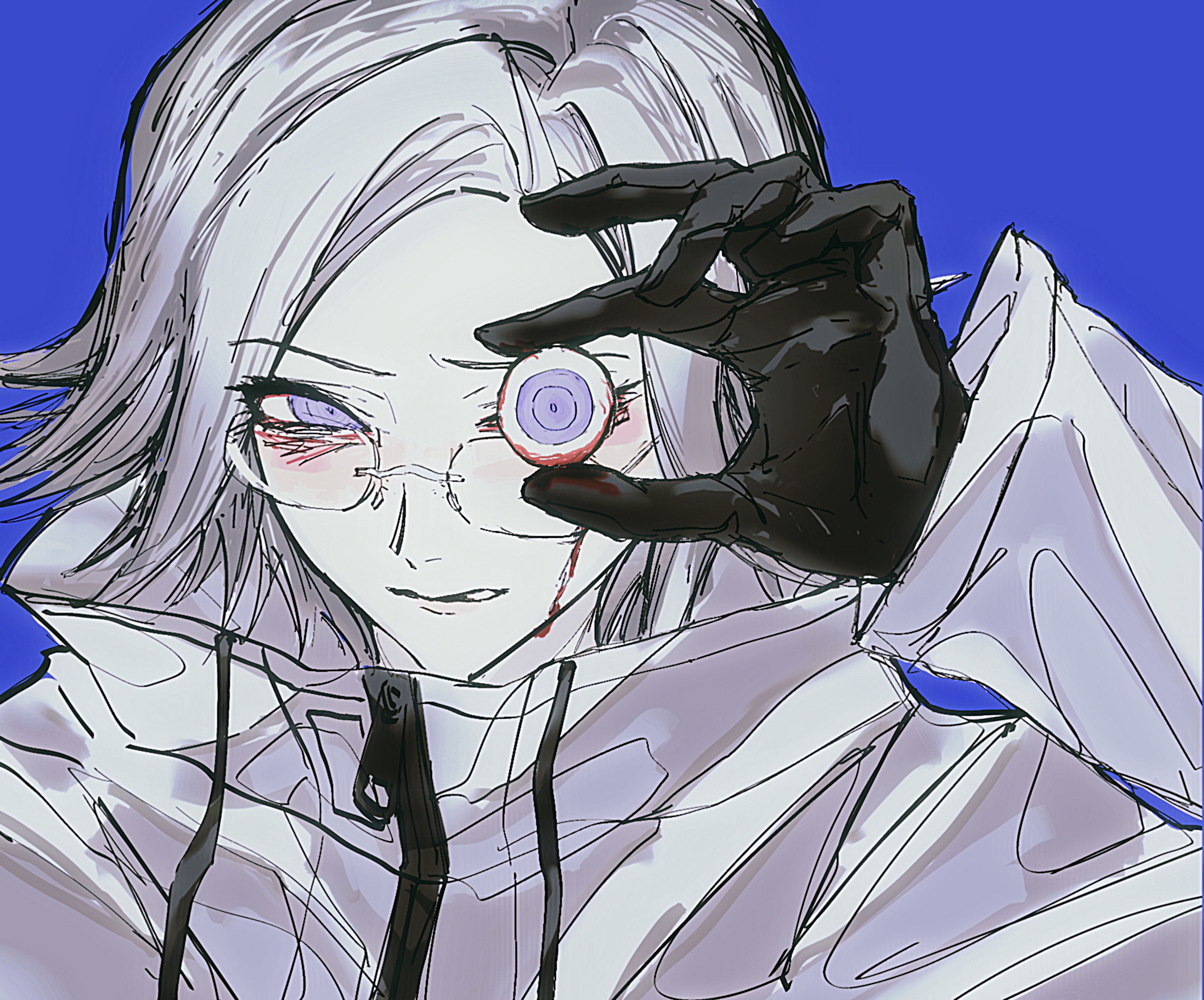 aotsuki eito, the hundred line -last defense academy-, absurdres, chinese commentary, commentary request, highres, variant set, 1boy, blood, bloody tears, blue background, covering one eye, eyeball, glasses, gloves, grey hair, grimace, hand up, holding eyeball, jacket, looking at viewer, male focus, portrait, short hair, simple background, sketch, solo, white jacket, xlingshix