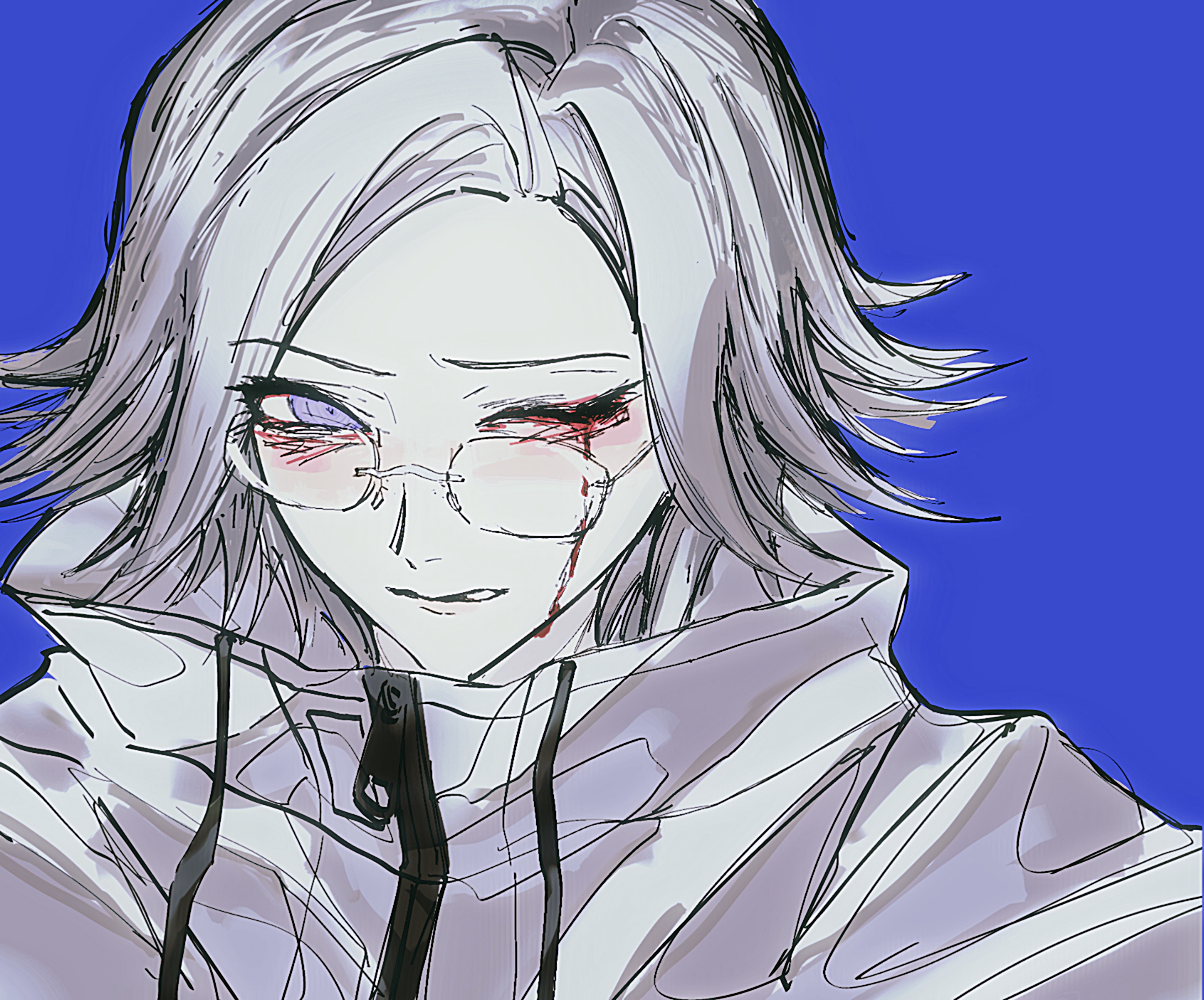 aotsuki eito, the hundred line -last defense academy-, absurdres, chinese commentary, commentary request, highres, variant set, 1boy, blood, bloody tears, blue background, covering one eye, glasses, gloves, grey hair, grimace, jacket, looking at viewer, male focus, portrait, short hair, simple background, sketch, solo, white jacket, xlingshix