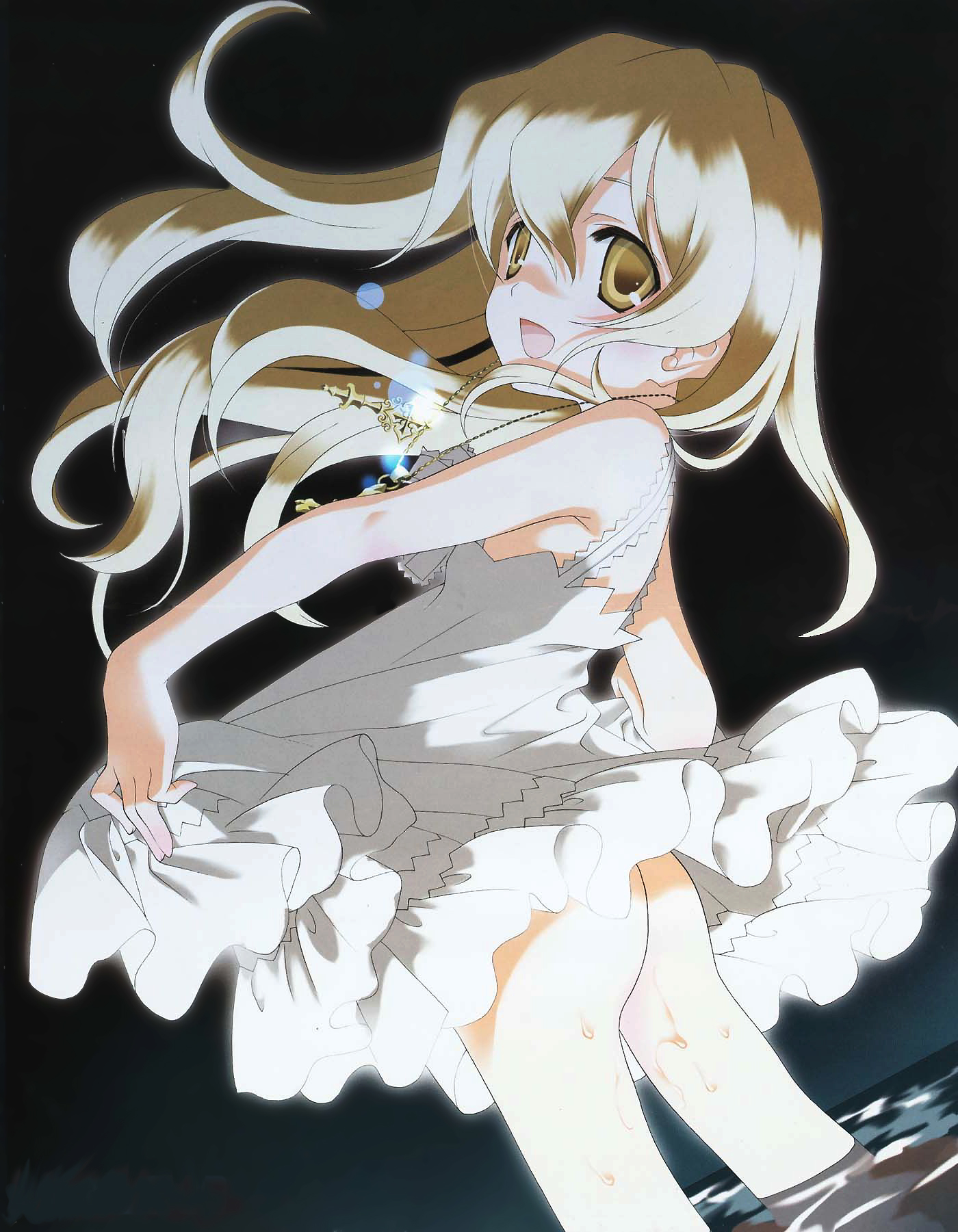 miyashita miki, highres, non-web source, ass, blonde hair, brown eyes, clothes lift, cross, dress, dress lift, jewelry, key, long hair, necklace, no panties, very long hair, wading, water, wet, yellow eyes