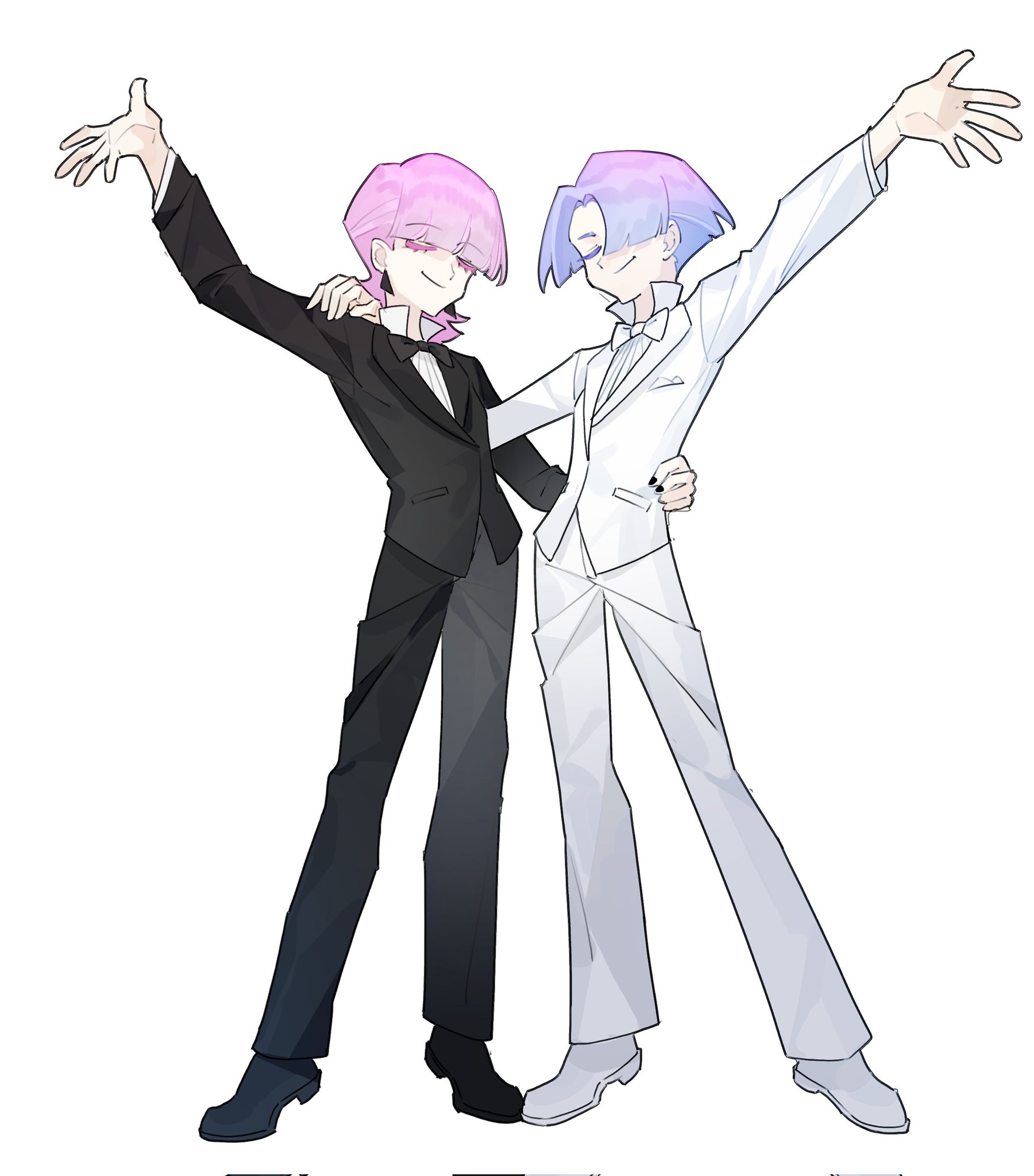 k morghania, polyester (psg), polyurethane (psg), panty & stocking with garterbelt, highres, 2boys, black jacket, black nails, black pants, black shoes, blunt bangs, bow, bowtie, brothers, closed eyes, earrings, formal clothes, girly boy, grin, hair over one eye, hand on another's face, hand on another's waist, jacket, jewelry, looking at viewer, male focus, multiple boys, pants, pink hair, purple hair, shirt, shoes, short hair, siblings, smile, suit, tuxedo, white jacket, white pants, white shirt, white shoes
