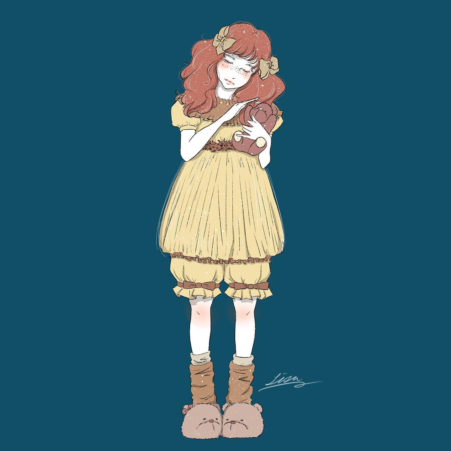 lisa (illustsan430), original, fluffy hair, commentary, english commentary, highres, 1girl, animal slippers, artist name, bear slippers, bloomers, blue background, blush, bow, brown hair, brown slippers, closed eyes, closed mouth, facing viewer, freckles, full body, hair bow, hands up, head tilt, holding, holding stuffed toy, long hair, loose socks, orange bow, orange socks, pajamas, puffy short sleeves, puffy sleeves, shirt, short sleeves, signature, simple background, slippers, socks, solo, standing, stuffed animal, stuffed toy, teddy bear, underwear, yellow bloomers, yellow bow, yellow pajamas, yellow shirt