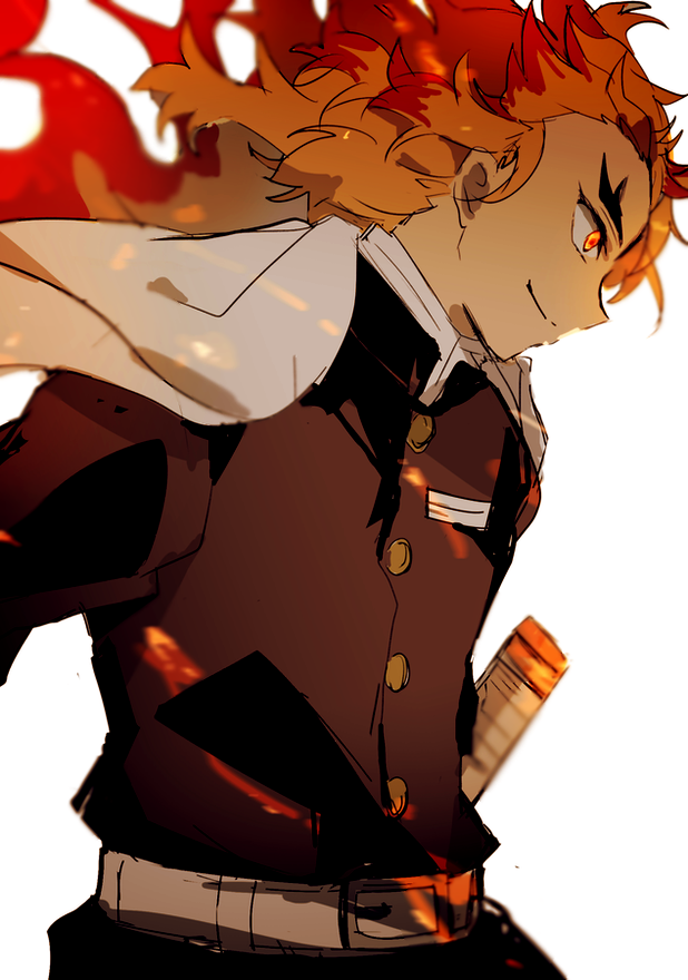 hiiragi fuyuki, rengoku kyoujurou, kimetsu no yaiba, 1boy, belt, black jacket, black pants, blonde hair, buttons, closed mouth, demon slayer uniform, gold buttons, haori, high collar, jacket, japanese clothes, katana, male focus, multicolored hair, pants, profile, red hair, red pupils, smile, solo, sword, two-tone hair, weapon, white belt, white haori, yellow eyes
