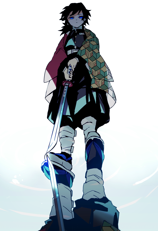 hiiragi fuyuki, tomioka giyuu, kimetsu no yaiba, 1boy, belt, black hair, black jacket, black pants, blue eyes, buttons, demon slayer uniform, gold buttons, haori, high collar, holding, holding sword, holding weapon, jacket, japanese clothes, katana, kikkoumon, low ponytail, male focus, pants, ponytail, print haori, red haori, reflection, reflective water, solo, spiked hair, sword, weapon, white background, white belt