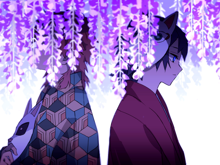 hiiragi fuyuki, sabito (kimetsu), tomioka giyuu, kimetsu no yaiba, 2boys, black hair, closed mouth, fox mask, holding, holding mask, japanese clothes, kikkoumon, kimono, long hair, male focus, mask, mask on head, multiple boys, orange hair, print kimono, profile, red kimono, spiked hair, upper body