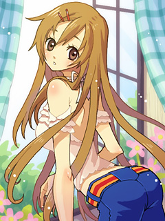 apupu, apupu (artist), original, bad id, bad pixiv id, lowres, brown eyes, brown hair, flower, hair ornament, hairclip, long hair, qvga, solo, window