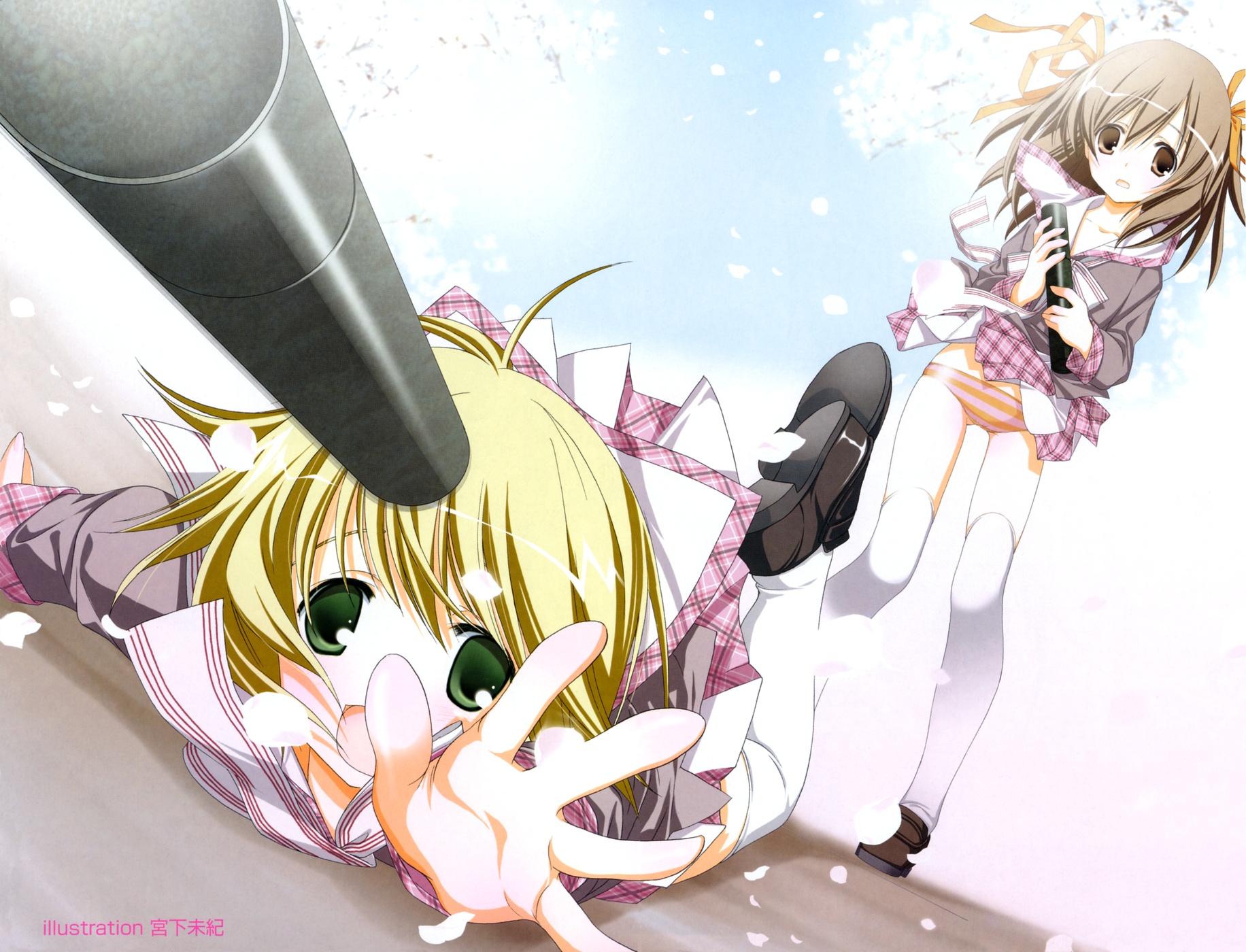 miyashita miki, white legwear, highres, non-web source, scan, 2girls, blonde hair, bow, brown eyes, brown hair, clothes lift, diploma, dutch angle, foreshortening, graduation, green eyes, holding, holding diploma, multiple girls, panties, petals, ribbon, school uniform, serafuku, short hair, skirt, skirt lift, striped clothes, striped panties, thighhighs, tripping, underwear, wind, wind lift
