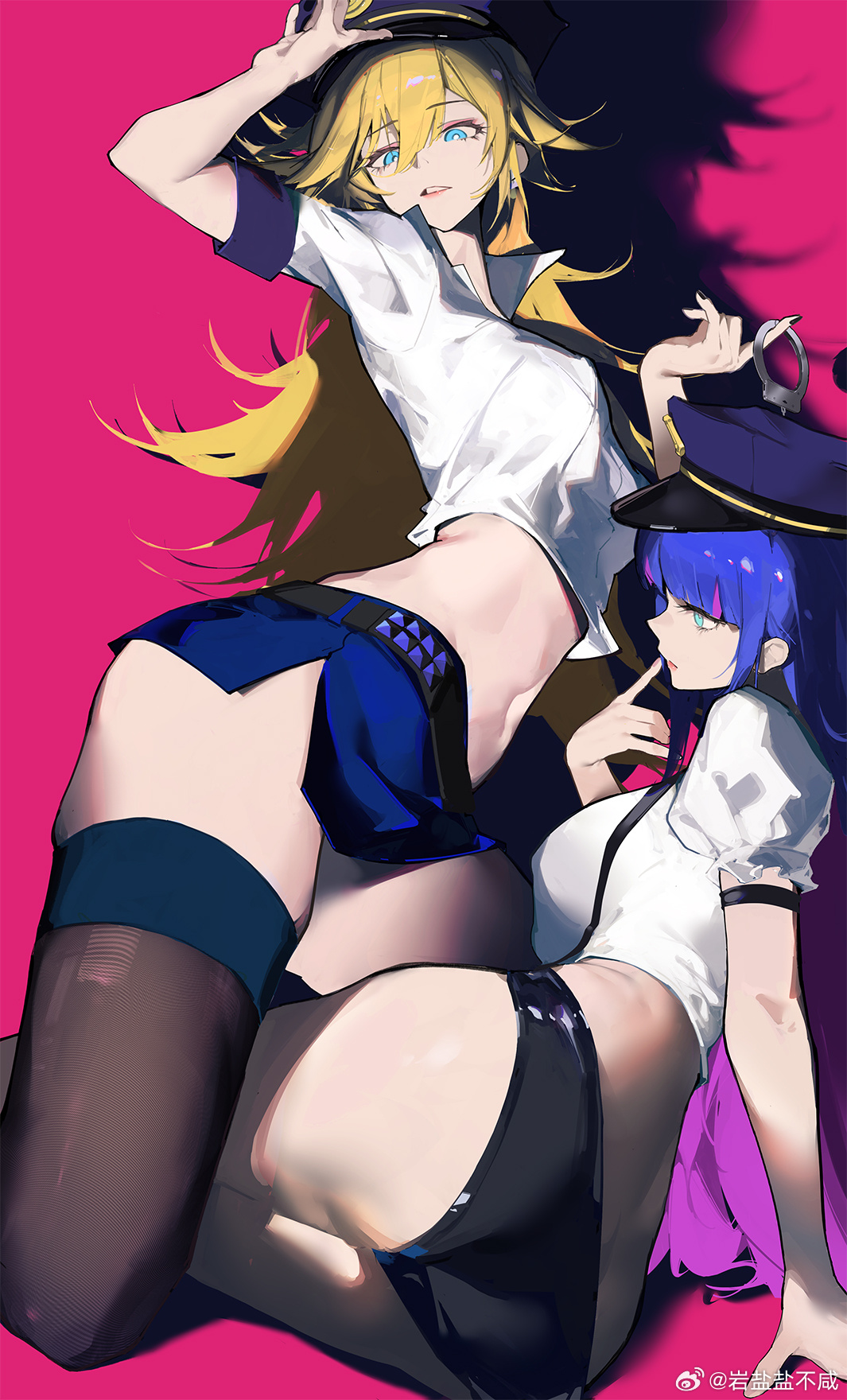 eyyy, panty (psg), stocking (psg), panty & stocking with garterbelt, bad source, highres, belt, blonde hair, blue eyes, breasts, cuffs, handcuffs, hat, panties, purple hair, shirt, skirt, thighhighs, underwear, white shirt