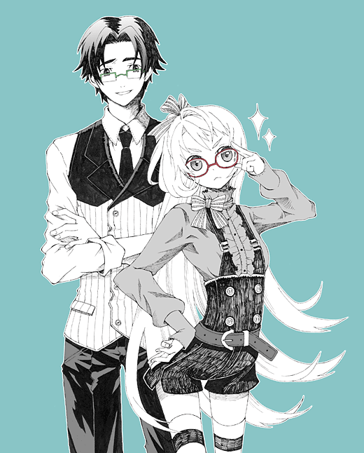apupu, apupu (artist), adjusting eyewear, belt, formal clothes, glasses, hand on own hip, hip focus, long hair, ribbon, thighhighs