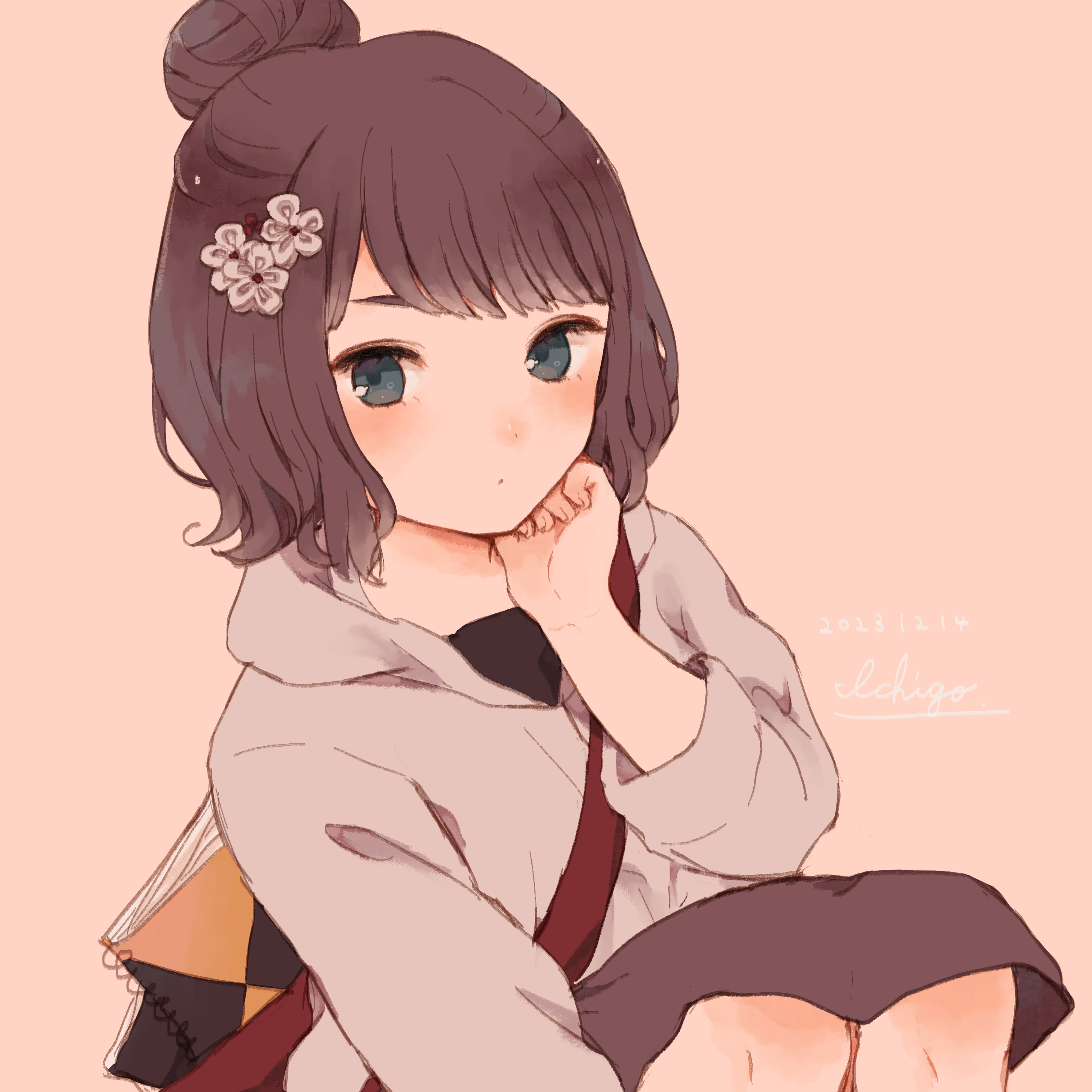 ichigo (ichigoxxusagi), katsushika hokusai (fate), katsushika hokusai (traveling outfit) (fate), fate/grand order, fate (series), absurdres, commentary, highres, 1girl, artist name, black hair, black pants, blue eyes, blush, dated, flower, hair bun, hair flower, hair ornament, head rest, hood, hooded jacket, jacket, knees up, looking at viewer, notebook, pants, single hair bun, solo, white jacket