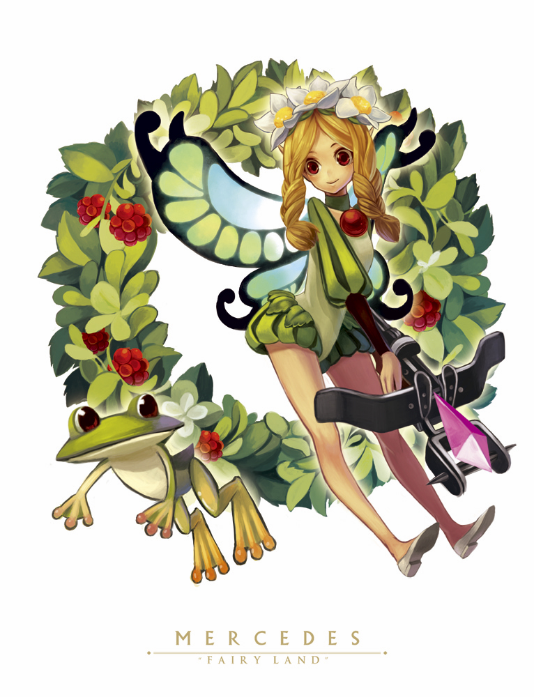 siro (asteblanc), mercedes (odin sphere), odin sphere, white footwear, bad id, bad pixiv id, 1girl, blonde hair, bow, bow (weapon), braid, butterfly wings, character name, choker, crossbow, fairy, female focus, flower, food, frog, fruit, hair flower, hair ornament, head wreath, insect wings, puff and slash sleeves, puffy sleeves, raspberry, red eyes, shorts, solo, twin braids, weapon, wings, wreath