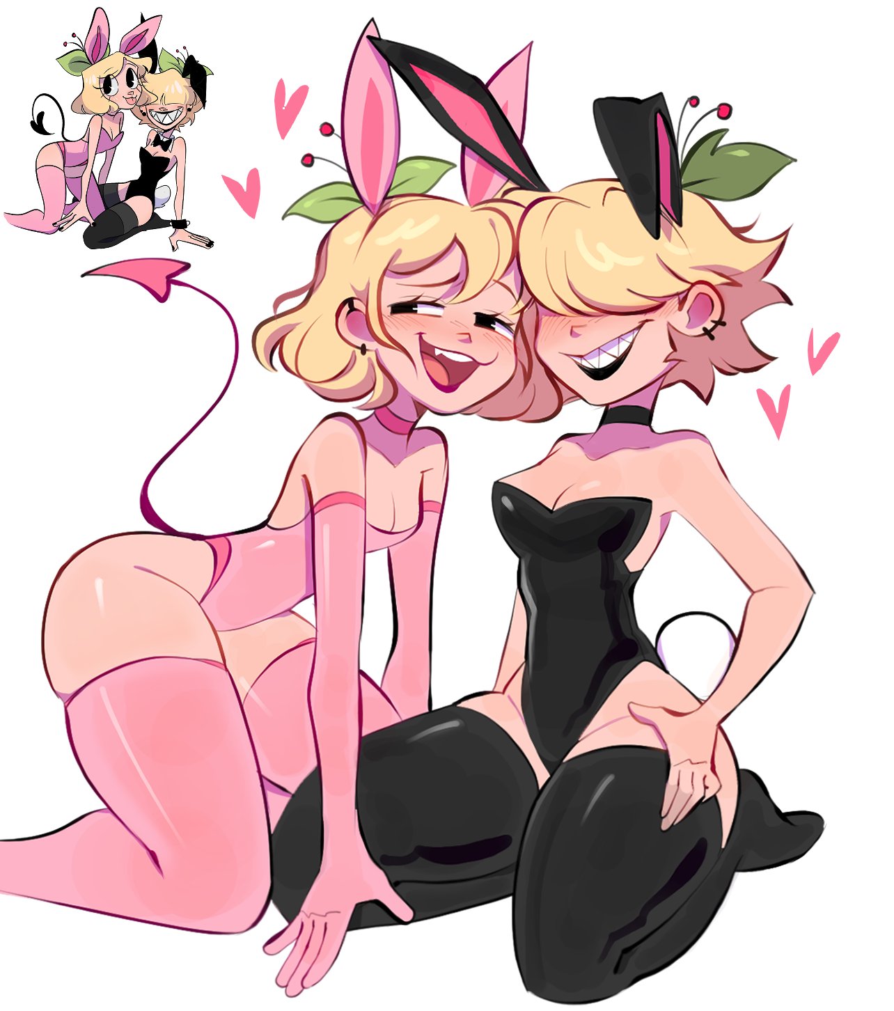 cherri saurio, original, commentary request, highres, redrawn, 2girls, animal ears, black eyes, black lips, black thighhighs, blonde hair, breasts, cleavage, demon tail, earrings, hair over eyes, half-closed eyes, inset, jewelry, kneeling, leaf, lipstick, makeup, medium breasts, medium hair, multiple earrings, multiple girls, pear-shaped figure, pink thighhighs, playboy bunny, rabbit ears, rabbit tail, seiza, sharp teeth, sitting, small breasts, spanish commentary, tail, teeth, thick thighs, thighhighs, thighs, wide hips