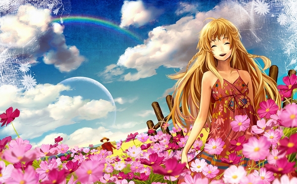 siro (asteblanc), original, blonde hair, cloud, dress, flower, rainbow, sundress