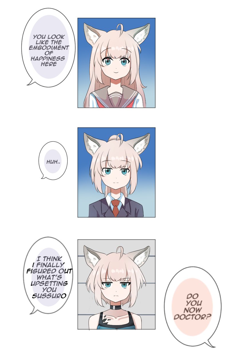 abineko, sussurro (arknights), arknights, highres, 1girl, age comparison, age progression, ahoge, alternate costume, animal ear fluff, animal ears, black choker, blue eyes, choker, closed mouth, english text, fox ears, fox girl, frown, long hair, looking at viewer, material growth, multiple views, oripathy lesion (arknights), ponytail, sailor collar, school uniform, serafuku, short hair, smile