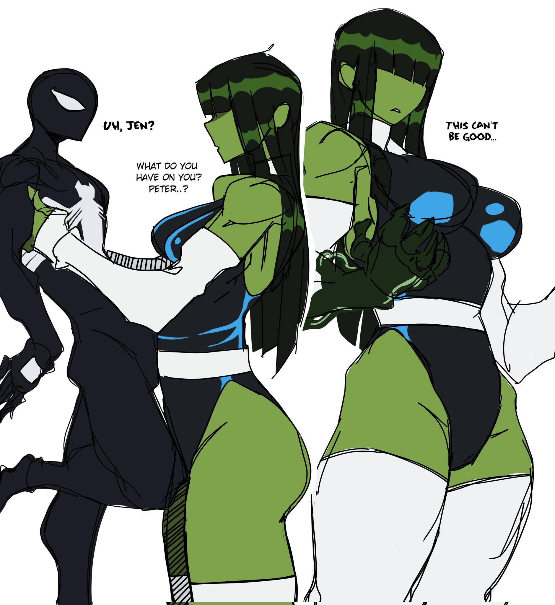 t1tans90, she-hulk, spider-man, marvel, spider-man (series), highres, 1boy, 1girl, alternate hairstyle, black bodysuit, blue leotard, bodysuit, carrying, carrying person, colored skin, green hair, green skin, hair over eyes, leotard, simple background, standing, symbiote, tall female