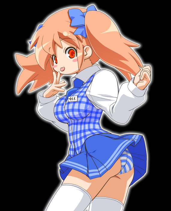 gambler club, sumomo (kumatanchi), kumatanchi, :p, black background, breasts, brown hair, cowboy shot, panties, red eyes, simple background, solo, striped clothes, striped panties, thighhighs, tongue, tongue out, twintails, underwear, white thighhighs