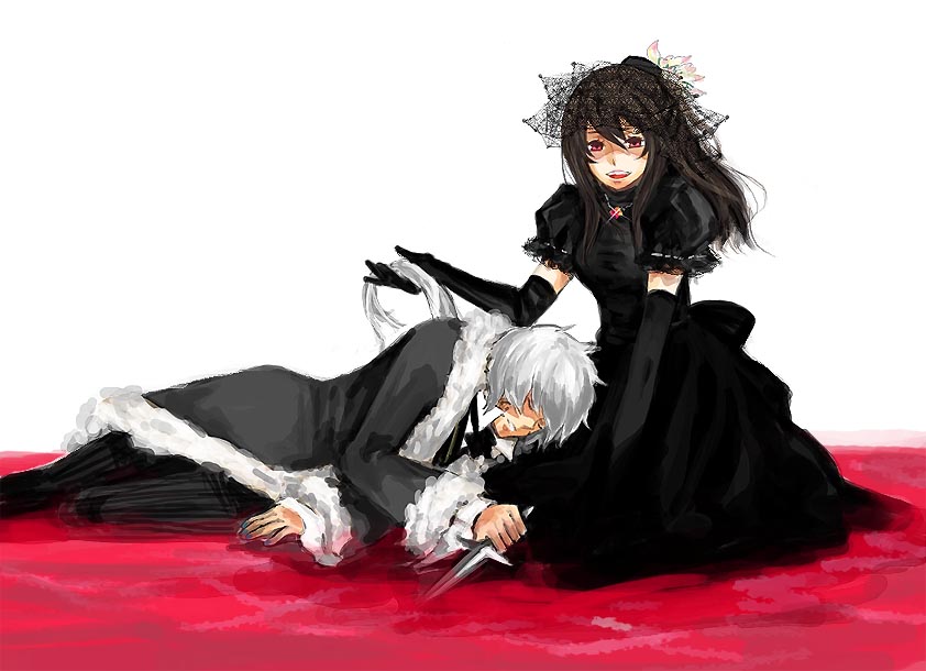 fuse (xiayu), chronica, fuse (sound horizon), hiver laurant, michele malebranche, roman (sound horizon), sound horizon, 1boy, 1girl, black hair, blood, dagger, dress, elbow gloves, flower, gloves, knife, red eyes, veil, weapon, white hair