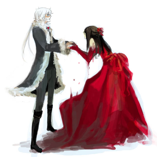 fuse (xiayu), fuse (sound horizon), hiver laurant, michele malebranche, roman (sound horizon), sound horizon, 1boy, 1girl, bare shoulders, blue eyes, boots, bow, coat, dress, hair ribbon, hetero, holding hands, long hair, ponytail, red dress, red theme, ribbon, white hair