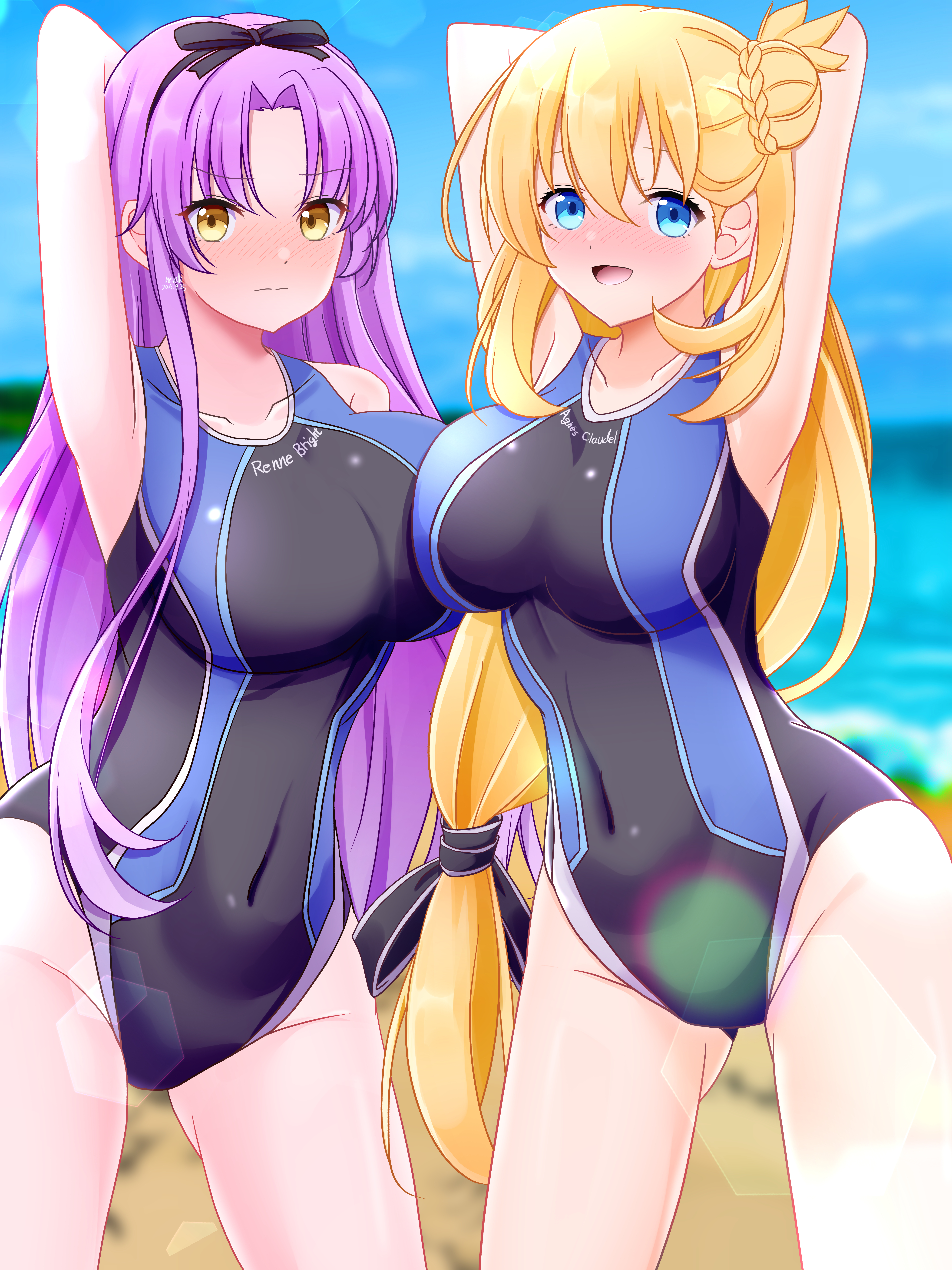 neruth, agnes claudel, renne (eiyuu densetsu), eiyuu densetsu, kuro no kiseki, kuro no kiseki (series), kuro no kiseki ii, absurdres, highres, 2girls, arms up, beach, black ribbon, blonde hair, blue eyes, blush, braid, braided bun, breasts, bun with braided base, hair bun, hair ribbon, large breasts, long hair, looking at viewer, low-tied long hair, multiple girls, one-piece swimsuit, outdoors, purple hair, ribbon, single hair bun, single side bun, swimsuit, yellow eyes