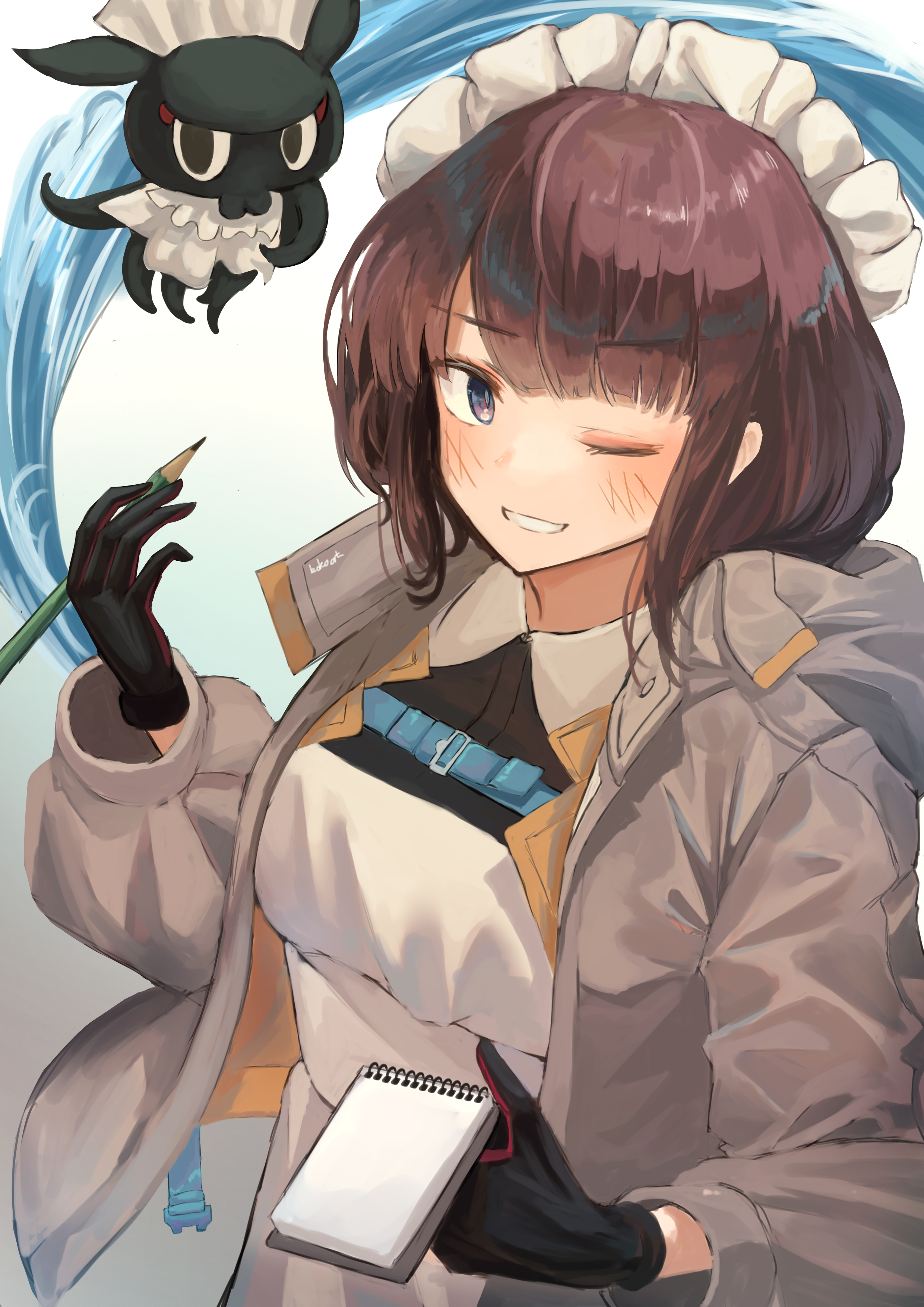 kokoa 10701, katsushika hokusai (fate), katsushika hokusai (festival outfit) (fate), toto-sama (fate), fate/grand order, fate (series), absurdres, commentary, highres, 1girl, apron, black gloves, black hair, blush, gloves, grey eyes, grin, hair ornament, holding, holding notebook, holding pencil, jacket, looking at viewer, maid, maid apron, maid headdress, notebook, octopus, one eye closed, pencil, short hair, smile, swept bangs, water
