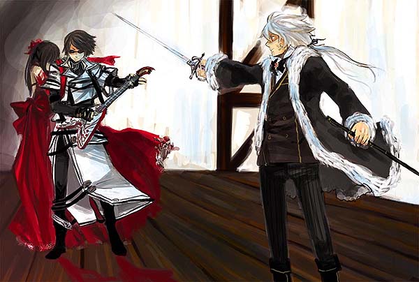 fuse (xiayu), fuse (sound horizon), hiver laurant, michele malebranche, revo, roman (sound horizon), sound horizon, 1girl, 2boys, covered face, dress, guitar, high ponytail, holding, holding sword, holding weapon, instrument, legs apart, low ponytail, multiple boys, ponytail, scabbard, sheath, standing, swept bangs, sword, weapon, wooden floor