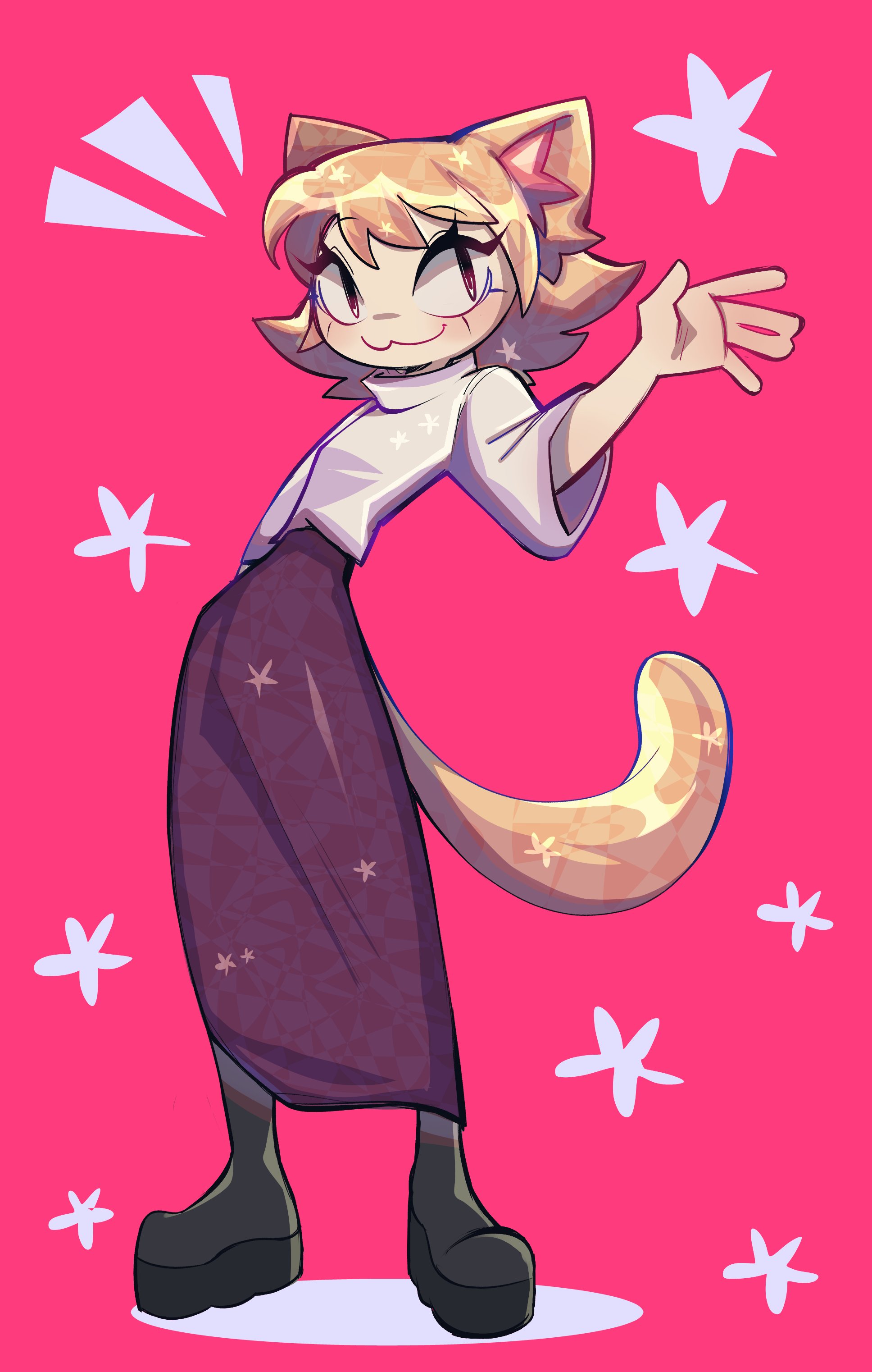 cherri saurio, neco-arc, melty blood, tsukihime, absurdres, commentary, highres, 1girl, :3, animal ears, black boots, blonde hair, boots, brown eyes, cat ears, cat girl, cat tail, full body, leaning back, long skirt, medium hair, purple skirt, red background, skirt, solo, spanish commentary, tail, turtleneck