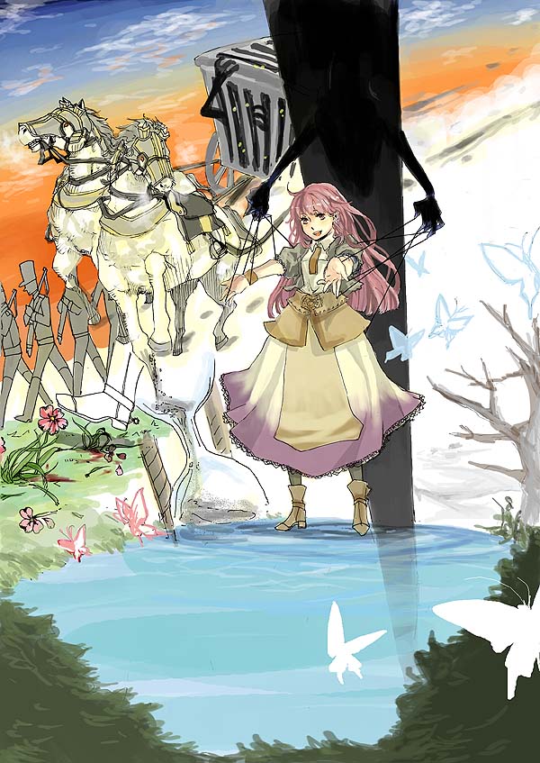 fuse (xiayu), fuse (sound horizon), thanatos-ko, sound horizon, thanatos (album), 1girl, bug, butterfly, cloud, flower, horse, marionette, puppet, sky, soldier