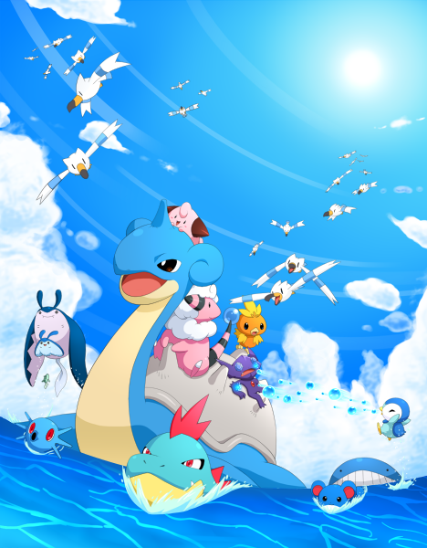 clefairy, cleffa, croconaw, flaaffy, horsea, lapras, mantine, mantyke, marill, piplup, remoraid, sableye, torchic, wailmer, wailord, wingull, nintendo, pokemon, bubble, cloud, day, flying, gen 1 pokemon, gen 2 pokemon, gen 3 pokemon, gen 4 pokemon, no humans, ocean, outdoors, pokemon (creature), sky, sun, sunlight, surfing