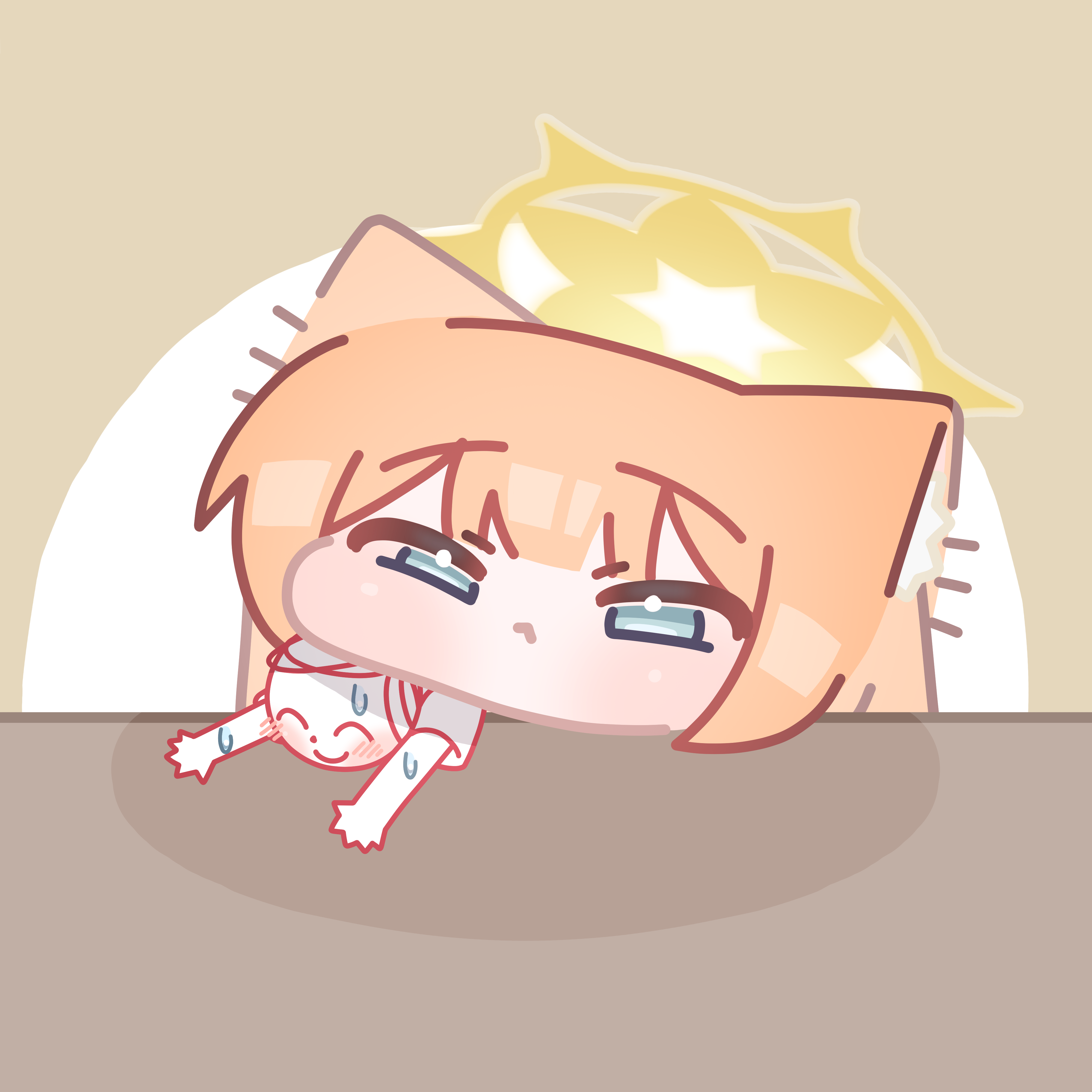 horuhara, doodle sensei (blue archive), mari (blue archive), sensei (blue archive), blue archive, absurdres, highres, 1boy, 1girl, animal ear fluff, animal ears, blunt bangs, blush, brown background, chibi, closed mouth, halo, light frown, mini person, miniboy, nervous sweating, no nose, orange hair, role reversal, shirt, short sleeves, simple background, sweat, white background, yellow halo
