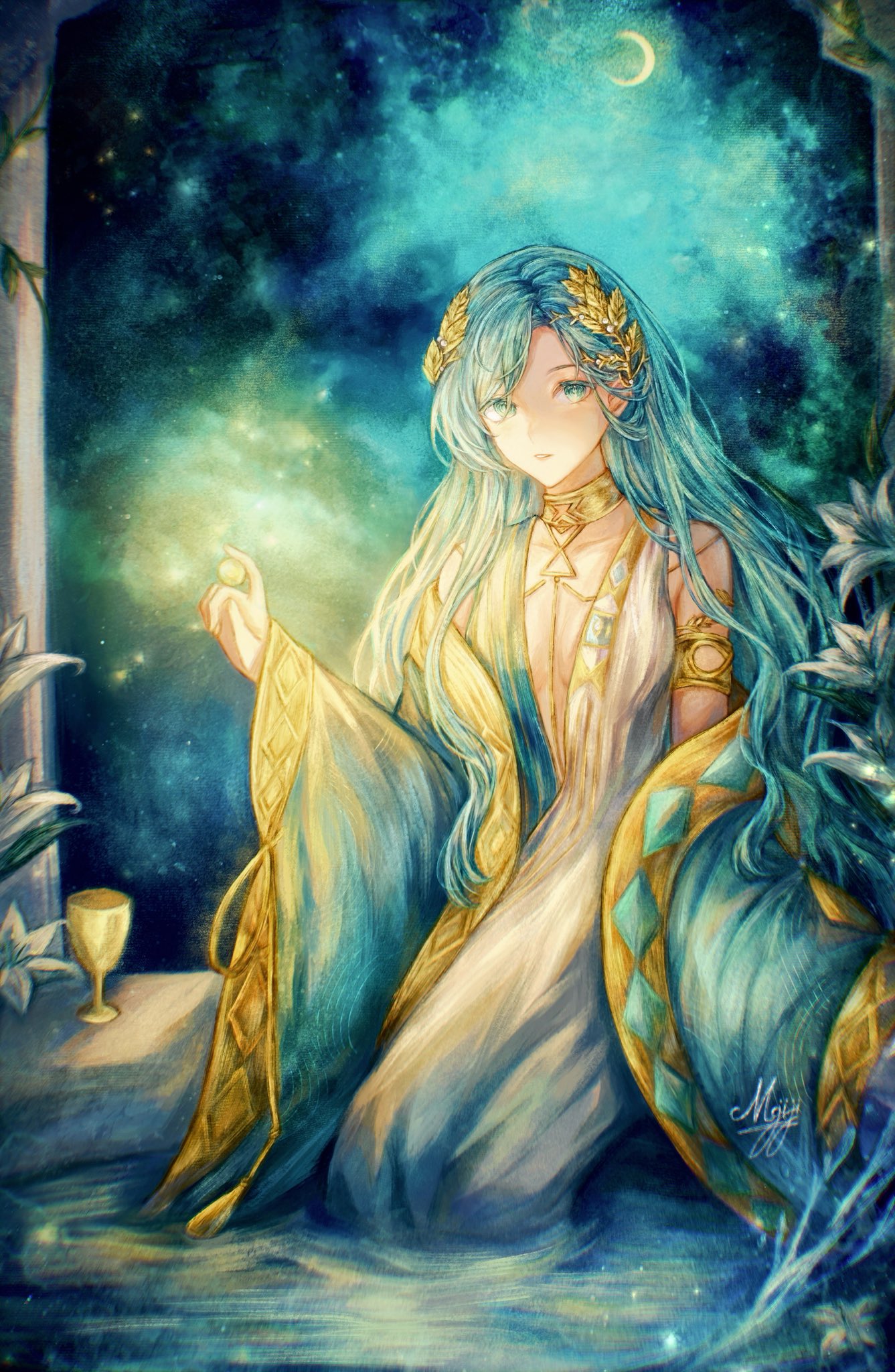 37 (reverse:1999), reverse:1999, highres, ibispaint (medium), 1girl, ancient greek clothes, artist name, blue eyes, blue robe, blue sky, crescent moon, cup, glowing, gold choker, greco-roman clothes, holding, laurel crown, long hair, moji ji, moon, parted lips, partially submerged, pillar, plant, plunging neckline, robe, signature, sitting, sky, solo, toga, upper body, very long hair, water