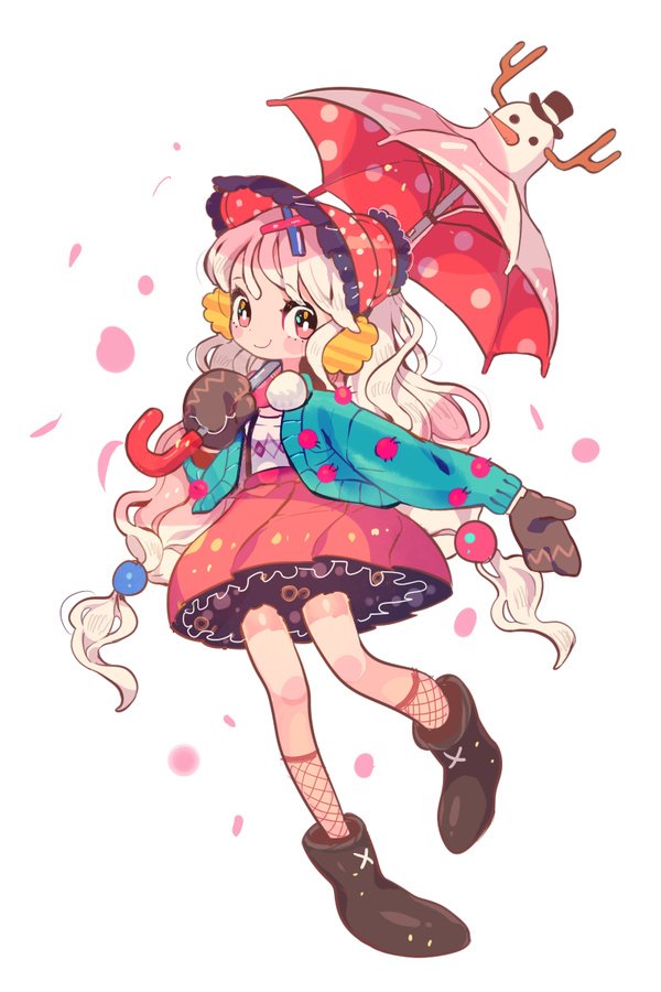 dolman (dm), original, commentary request, korean commentary, 1girl, ankle socks, aqua jacket, black boots, blush stickers, bonnet, boots, bright pupils, brown socks, bubble skirt, closed mouth, colored petticoat, diamond print, earmuffs, eyelashes, fishnet socks, fishnets, frilled headwear, frilled skirt, frills, full body, gloves, grey gloves, hair bobbles, hair ornament, happy, high-waist skirt, holding, holding umbrella, jacket, knees, light particles, long hair, long sleeves, looking at viewer, low-tied long hair, low twintails, miniskirt, open clothes, open jacket, outstretched arm, petals, pink eyes, pink skirt, polka dot, polka dot headwear, polka dot umbrella, pom pom (clothes), puffy long sleeves, puffy sleeves, red bonnet, shirt, simple background, skirt, smile, snowman, socks, solo, standing, sweater jacket, tareme, twintails, two-sided umbrella, umbrella, umbrella over shoulder, very long hair, white background, white hair, white pupils, white shirt, white umbrella, x hair ornament