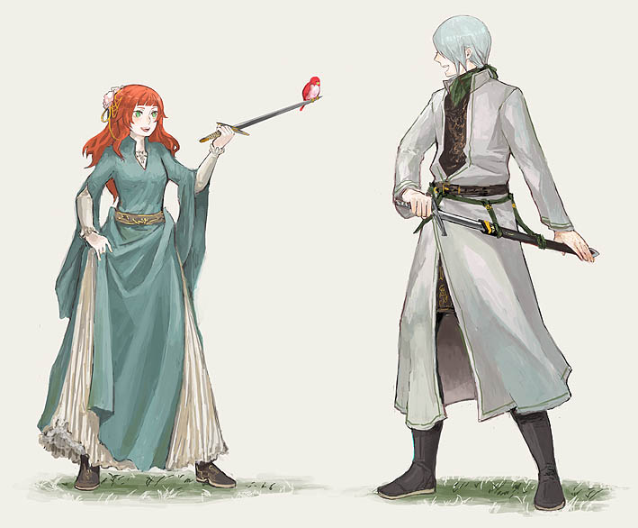 fuse (xiayu), fuse (sound horizon), parsifal, rose guine avalon, chronicle 2nd, sound horizon, 1boy, 1girl, bird, dress, green eyes, red hair, sword, weapon, white hair