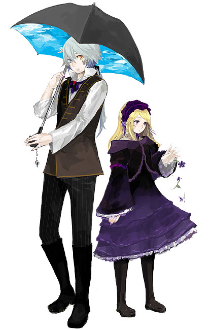 fuse (xiayu), fuse (sound horizon), hiver laurant, violette (sound horizon), roman (sound horizon), sound horizon, 1boy, 1girl, blonde hair, boots, flower, formal clothes, gothic lolita, headdress, heterochromia, lolita fashion, pantyhose, simple background, sky, sky print, umbrella, violet (flower), white background, white hair