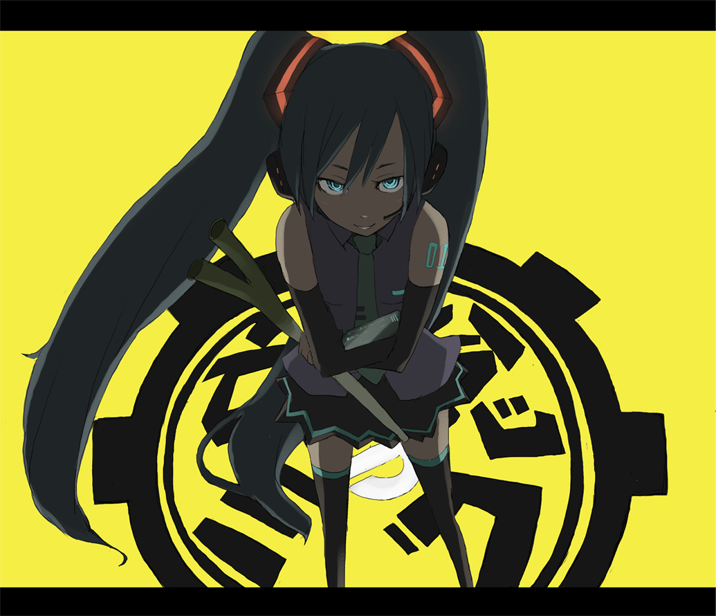 tansuke, hatsune miku, bounen no xam'd, vocaloid, 00s, blue eyes, blue hair, detached sleeves, long hair, necktie, skirt, solo, spring onion, thighhighs, twintails
