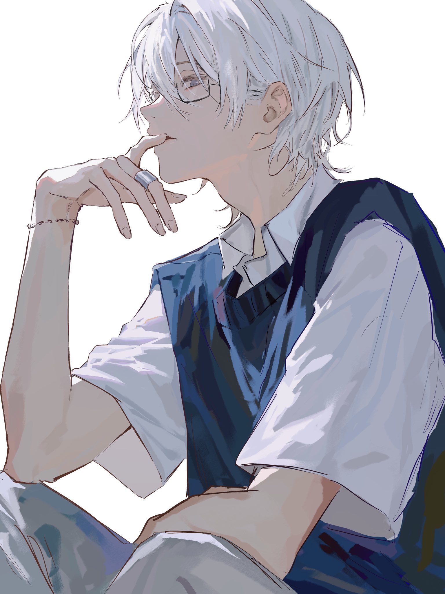 original, highres, 0k sic, 1boy, blue eyes, blue vest, collared shirt, glasses, grey hair, grey pants, hand up, looking at viewer, male focus, pants, parted lips, shirt, short hair, short sleeves, simple background, sitting, solo, vest, white background, white shirt, wide sleeves