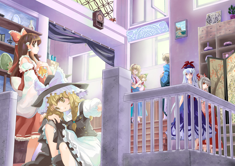 nanami sano, alice margatroid, fujiwara no mokou, hakurei reimu, kamishirasawa keine, kirisame marisa, morichika rinnosuke, shanghai doll, touhou, silver hair, 1boy, 6+girls, blonde hair, blue hair, brown hair, doll, dress, hat, indoors, japanese clothes, long hair, miko, multiple girls, plant, ribbon, short hair, skirt