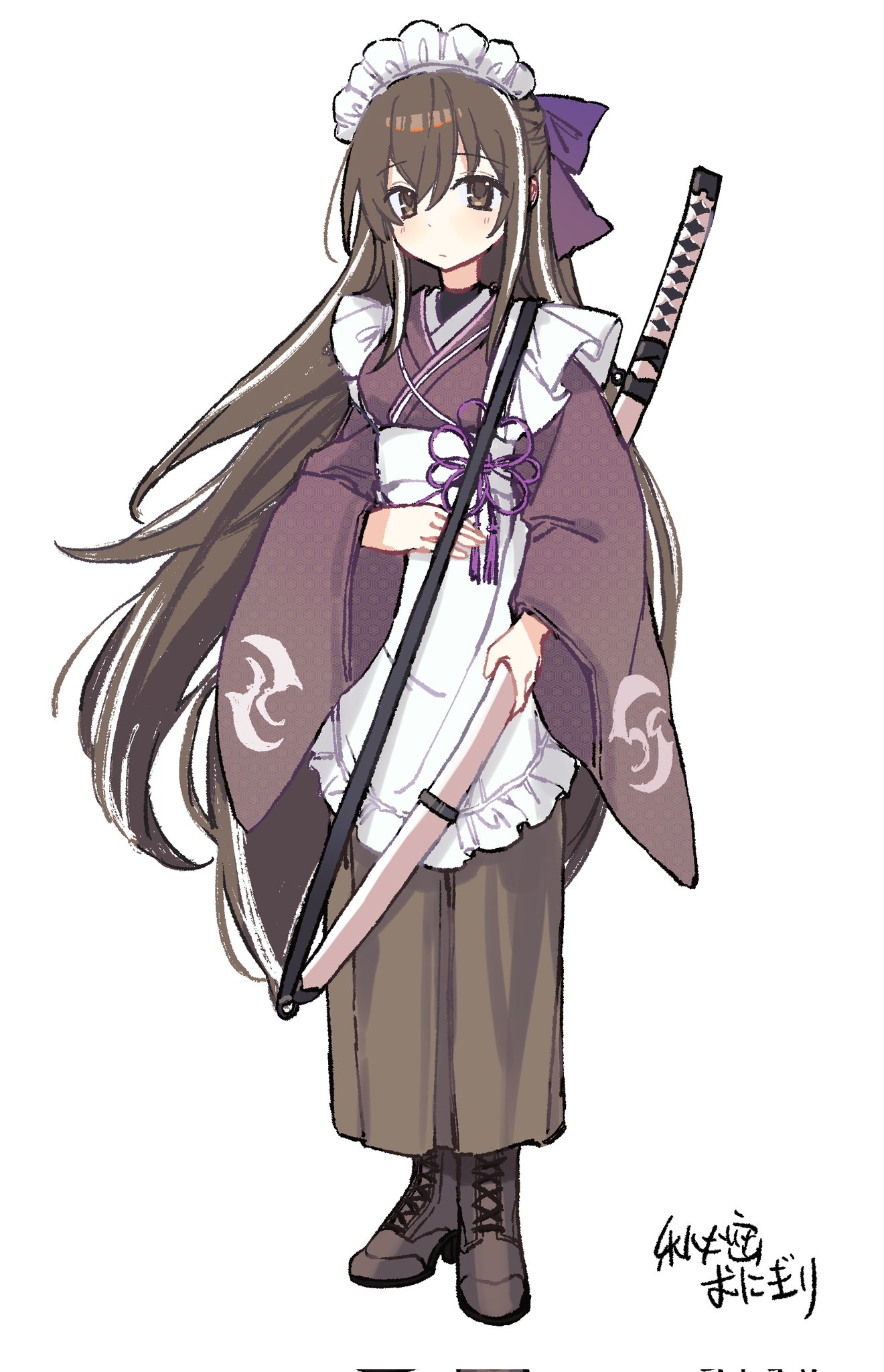 himitsu onigiri, fate/grand order, fate (series), highres, 1girl, apron, black eyes, black hair, kawakami gensai (fate), kawakami gensai (second ascension) (fate), long hair, looking at viewer, maid, maid apron, maid headdress, multicolored hair, signature, solo, sword, weapon, white hair