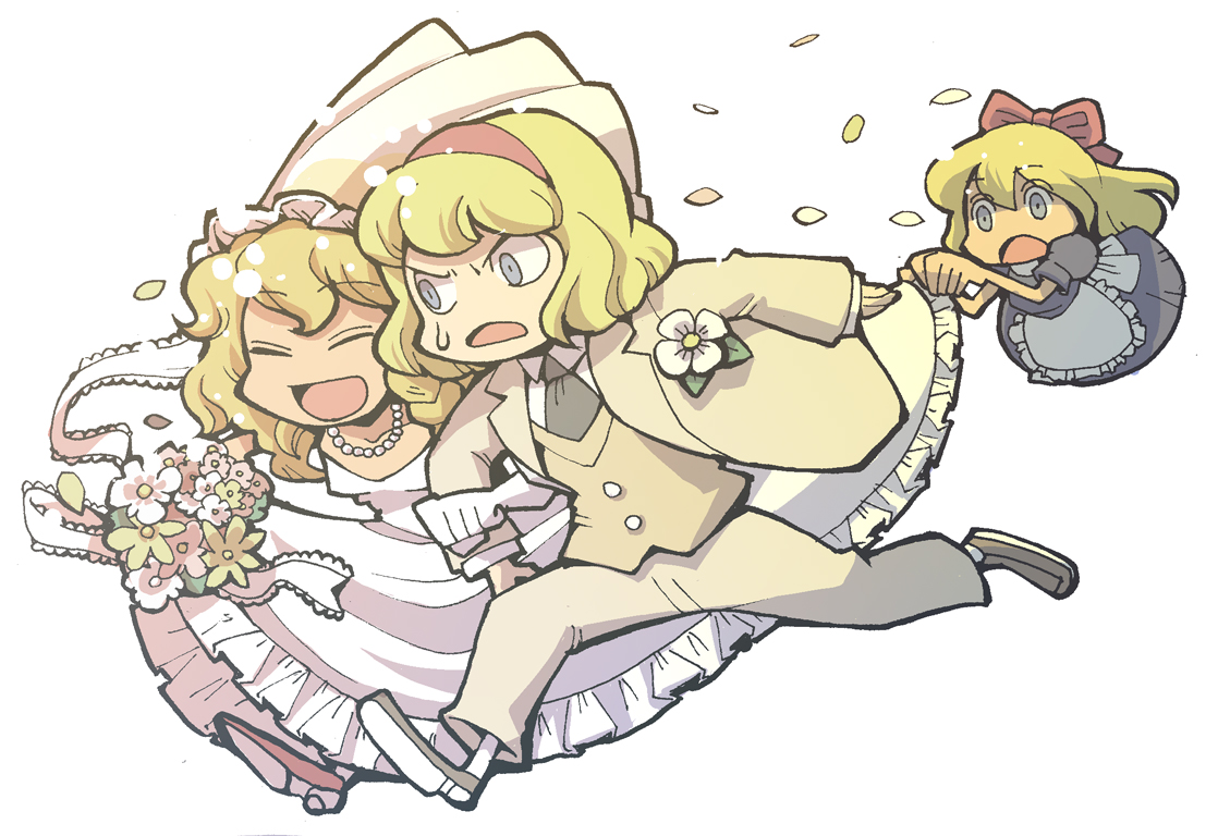 hounori, alice margatroid, kirisame marisa, shanghai doll, touhou, 3girls, blonde hair, bouquet, bridal veil, bride, doll, dress, female focus, flower, formal clothes, groom, multiple girls, pant suit, pants, ribbon, suit, veil, wedding dress
