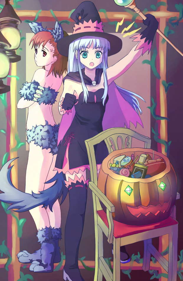 iiru, index (toaru majutsu no index), misaka mikoto, toaru majutsu no index, bad id, bad pixiv id, 00s, 2girls, animal costume, candy, chair, costume, food, halloween, jack-o'-lantern, long hair, multiple girls, pumpkin, short hair, thighhighs, wolf costume