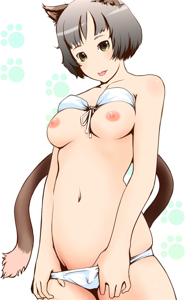 nanahime, original, bad id, bad pixiv id, 1girl, :p, animal ears, bandeau, bikini, bikini pull, bikini top lift, blush, breasts, clothes lift, clothes pull, female focus, front-tie top, nipples, no nose, paw print, pulling own clothes, short hair, skindentation, solo, swimsuit, tail, tongue, tongue out, yellow eyes
