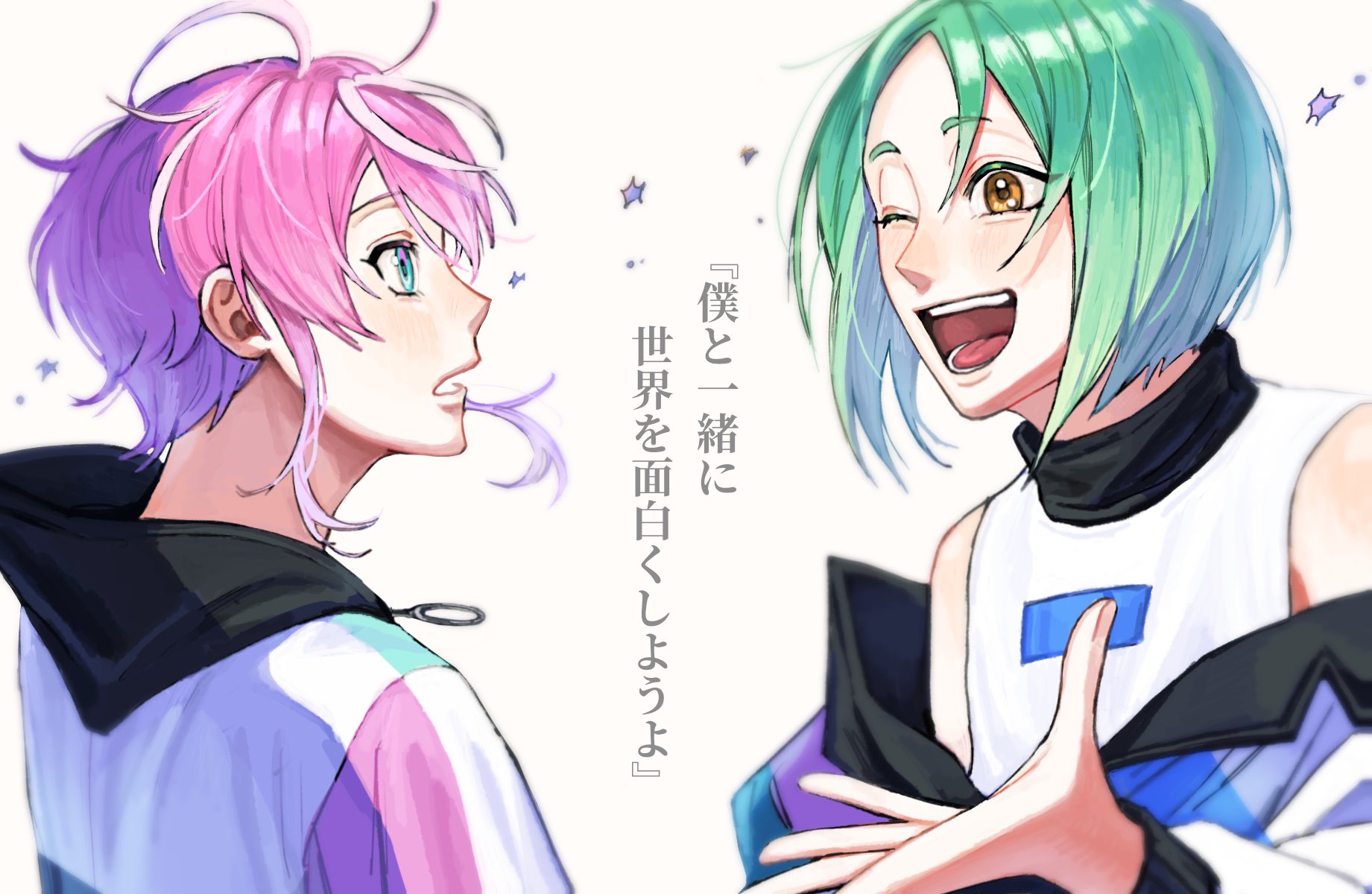 you emceez, amemura ramuda, hypnosis mic, commentary, highres, symbol-only commentary, translation request, 1boy, 1other, ;d, ahoge, blue eyes, blurry, bob cut, brown eyes, collared jacket, colored eyelashes, contrast collar, cowlick, eye contact, green hair, grin, hair between eyes, hanabi maijou, hand up, hood, hooded jacket, jacket, light blush, long sleeves, looking at another, off shoulder, one eye closed, open mouth, parted bangs, parted lips, pink hair, print shirt, shirt, short eyebrows, short hair, sidelocks, simple background, sleeveless, sleeveless turtleneck, smile, tongue, turtleneck, upper body, very short hair, white background, white shirt