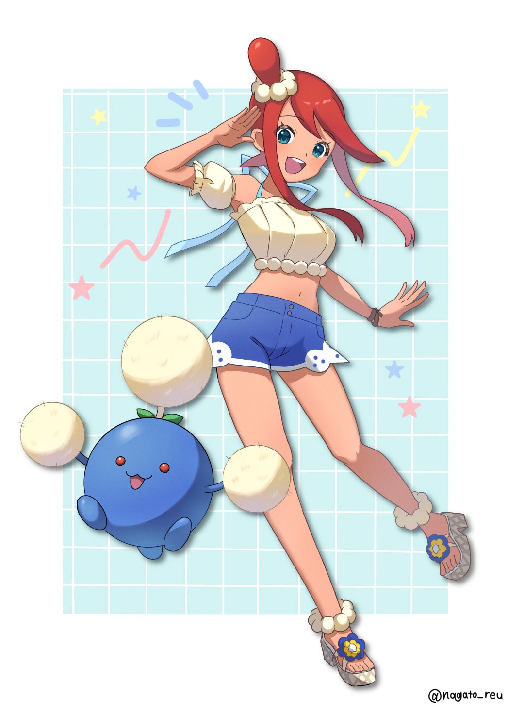 nagato reu, jumpluff, skyla (pokemon), skyla (summer 2025) (pokemon), nintendo, pokemon, pokemon bw, pokemon masters ex, 1girl, bare shoulders, breasts, crop top, detached sleeves, gen 2 pokemon, large breasts, looking at viewer, sandals, shorts, teeth, upper teeth only