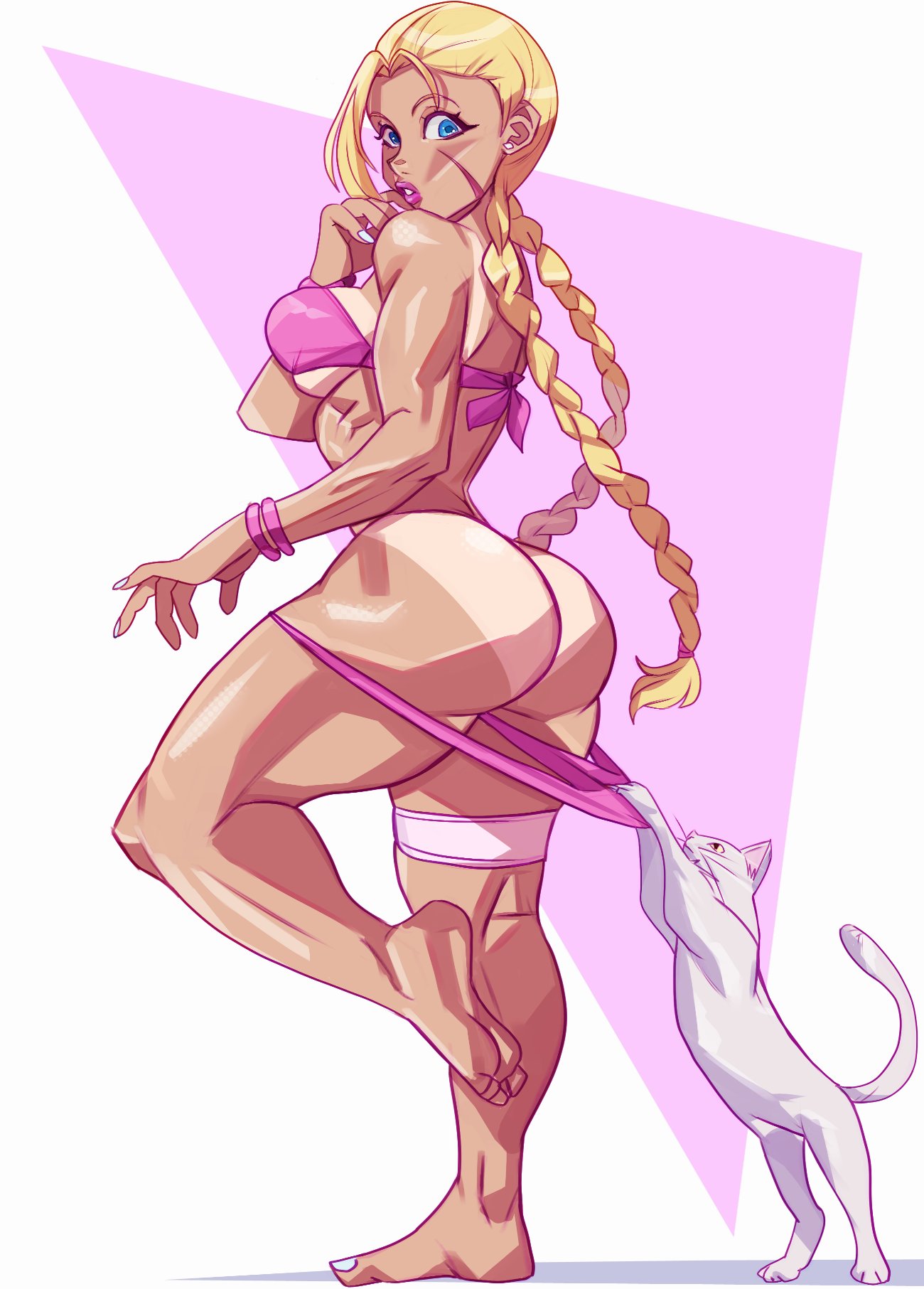 dlusionalx, cammy white, street fighter, street fighter 6, 1girl, accidental exposure, ass, bikini, blonde hair, blue eyes, bracelet, braid, breasts, cat, earrings, from behind, jewelry, large breasts, lips, scar, scar on face, swimsuit, tan, tanline