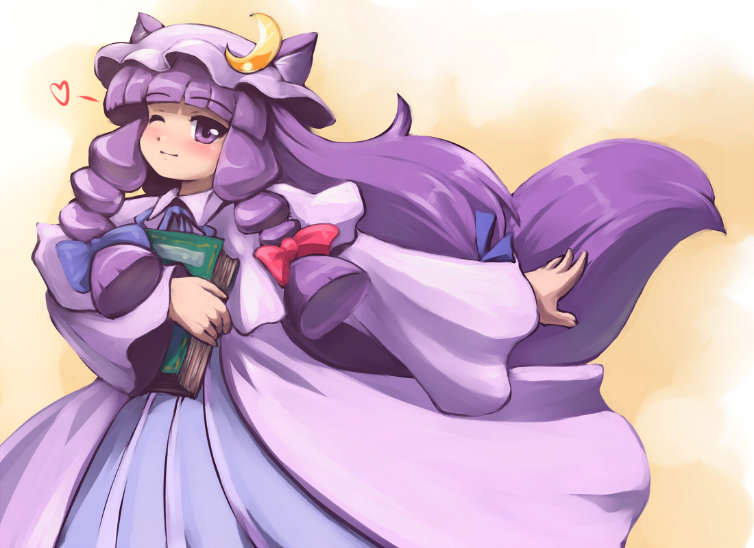 tdk, patchouli knowledge, touhou, 1girl, book, female focus, gradient background, hat, long hair, one eye closed, purple hair, ribbon, solo, standing, wink