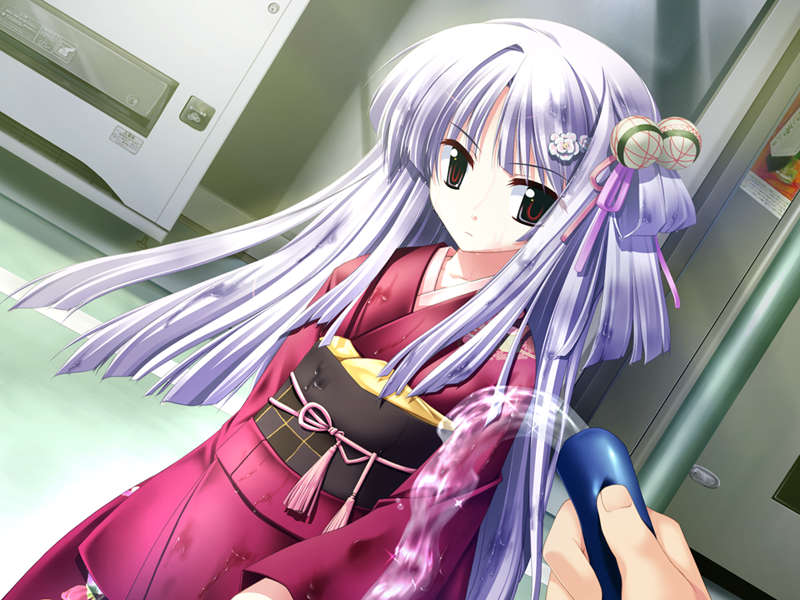 shiratama kanaka, asanagi no aquanauts, game cg, jpeg artifacts, non-web source, 1girl, dutch angle, female focus, hair bobbles, hair ornament, hose, japanese clothes, kimono, long hair, red eyes, solo, wet, white hair