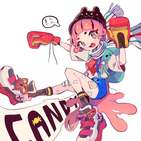 dolman (dm), original, third-party source, translation request, 1girl, animal ear headwear, animal ears, animal hat, ankle socks, aqua bag, backpack, bag, bandaid, bandaid on knee, bandaid on leg, bandaid on thigh, banner, beanie, black hat, black socks, blue shorts, blunt bangs, boxing gloves, bright pupils, buckle, buttons, cat hat, clothes writing, dot nose, eyelashes, fake animal ears, floating neckwear, fringe trim, full body, gloves, gradient eyes, happy, hat, high-waist shorts, korean text, light blush, looking at viewer, multicolored eyes, open mouth, outstretched leg, pink eyes, pink hair, punching, red gloves, scarf, shirt, shoes, short hair, short sleeves, shorts, simple background, smile, sneakers, socks, solo, speech bubble, striped clothes, striped scarf, suspender shorts, suspenders, t-shirt, two-tone gloves, white background, white pupils, white scarf, white shirt, white shoes, yellow gloves